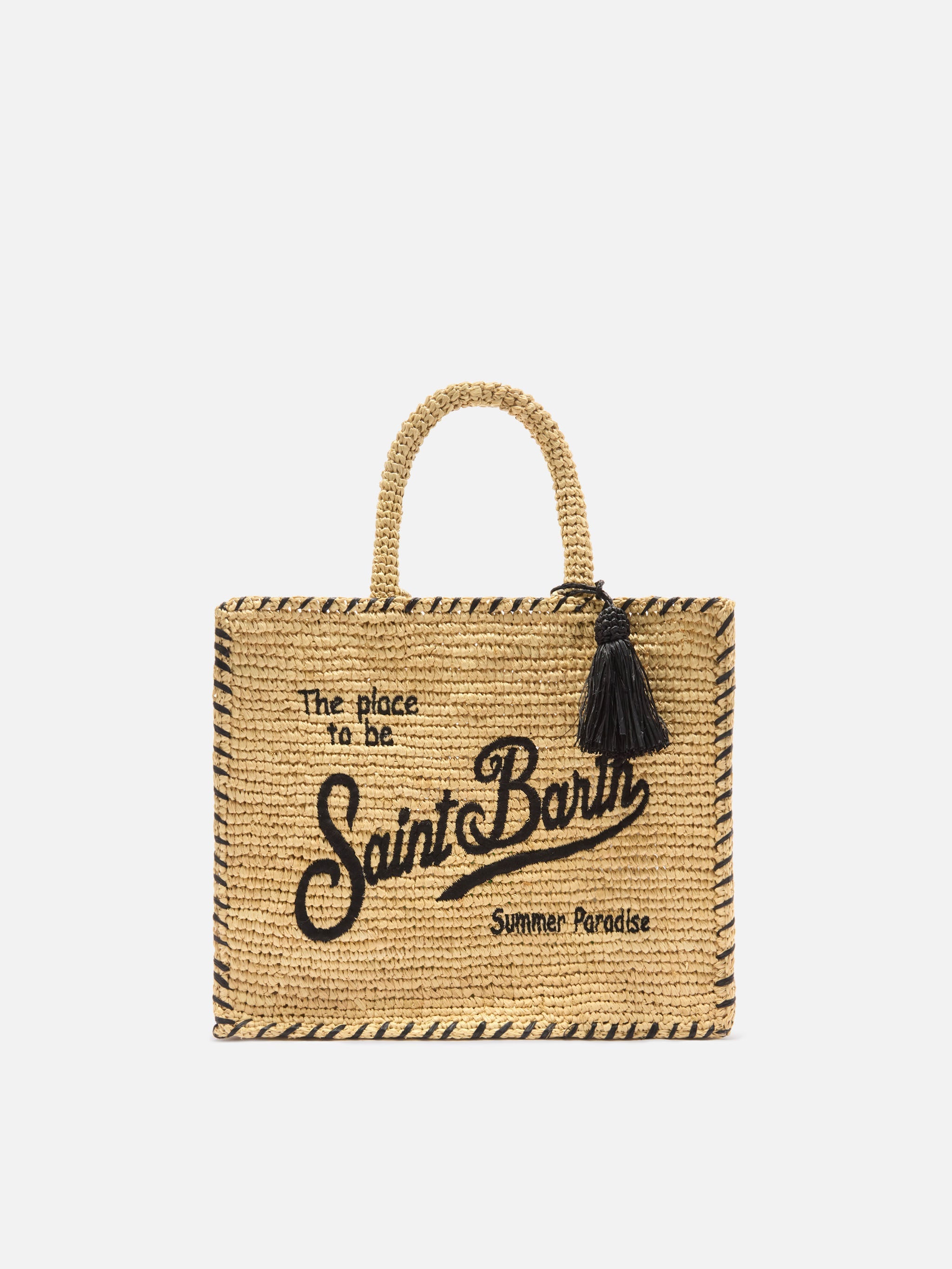 Colette Raffia Bag With Embroidered Logo And Black Contrast Trim Beige