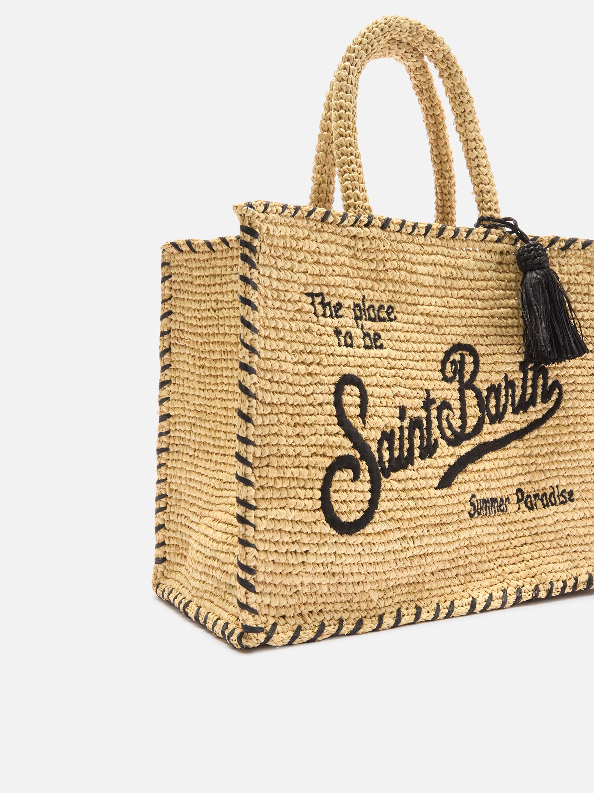 Colette Raffia Bag With Embroidered Logo And Black Contrast Trim Beige