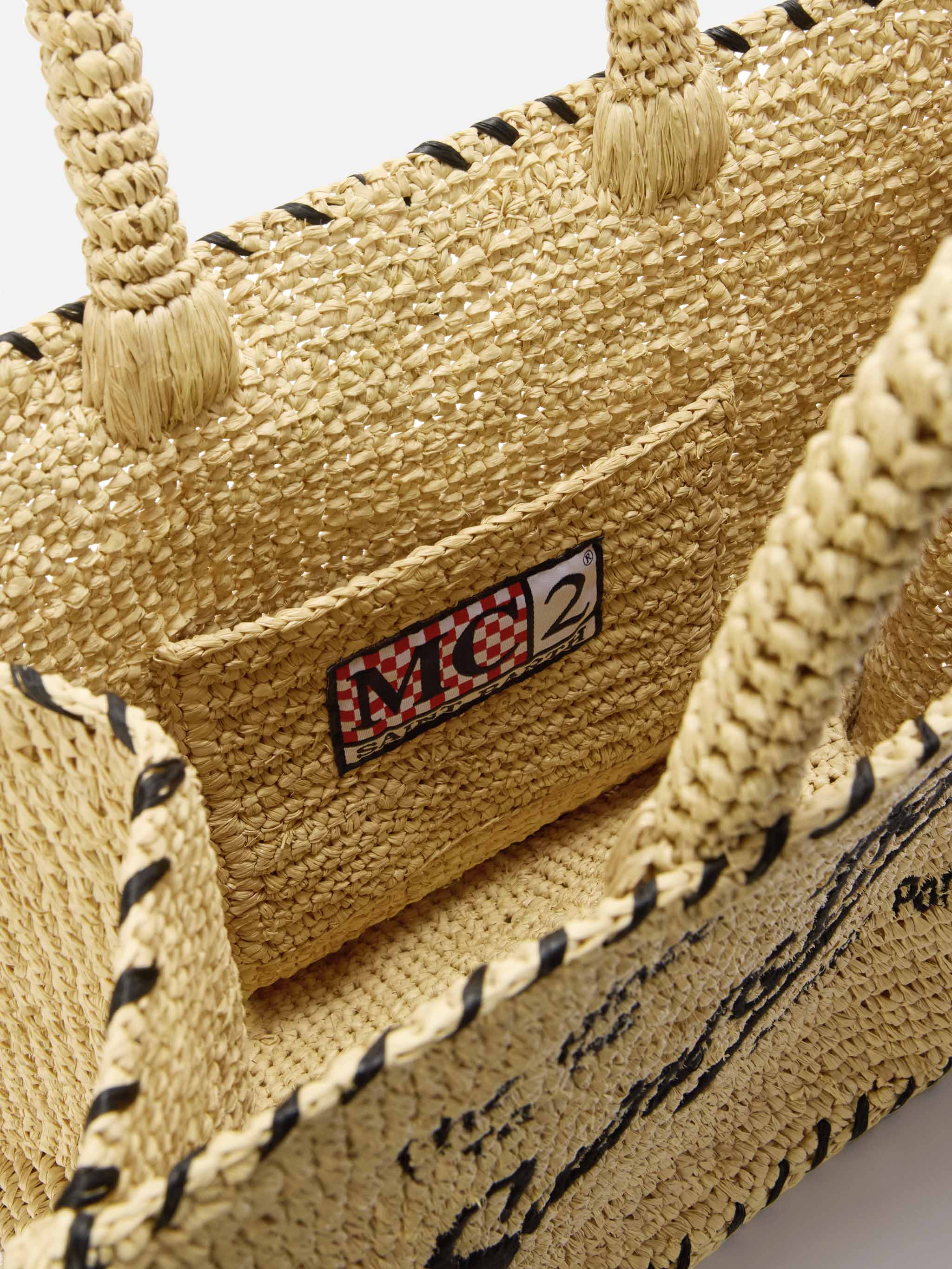 Colette Raffia Bag With Embroidered Logo And Black Contrast Trim Beige