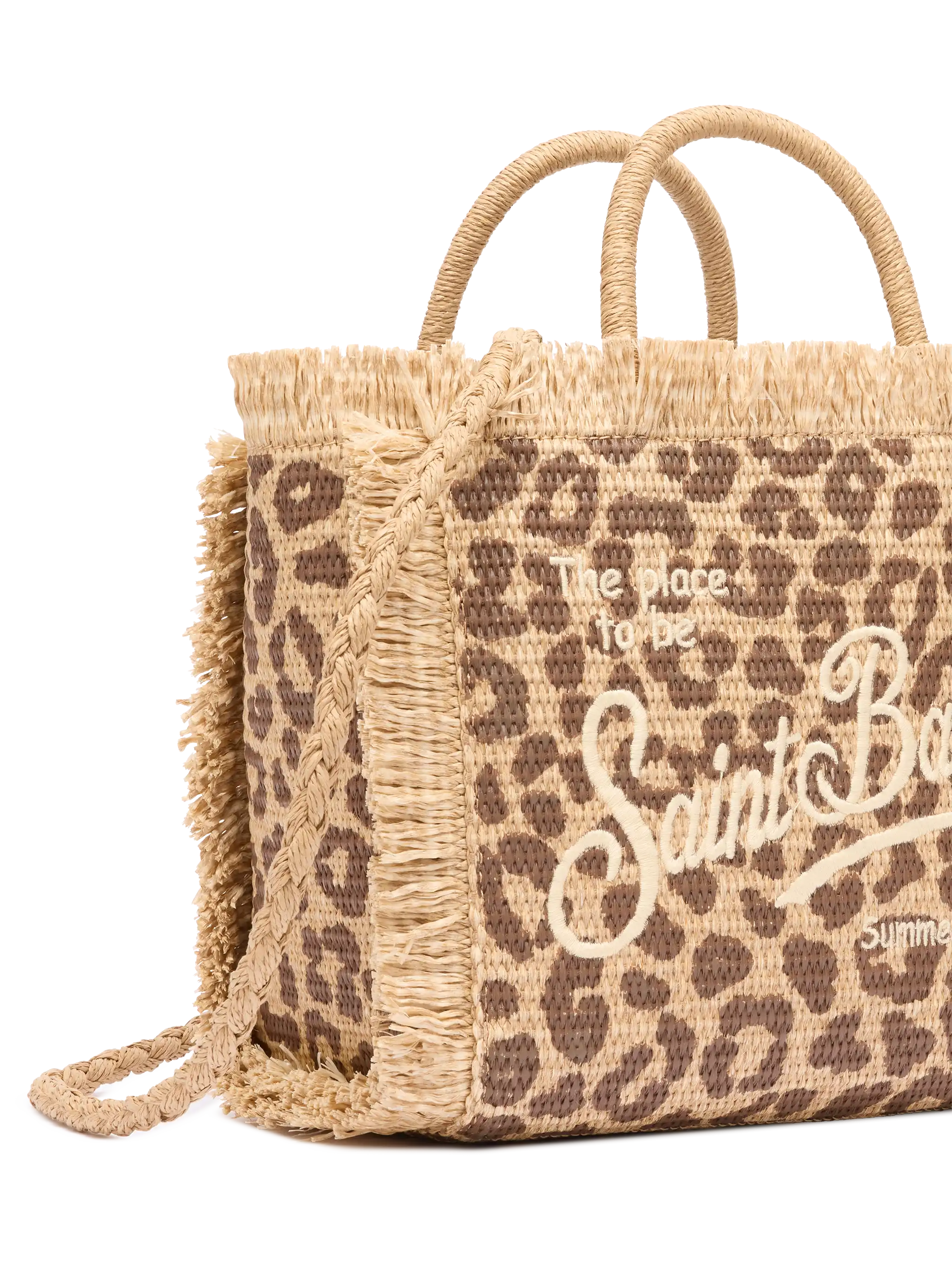 Colette Straw Effect Bag With Leopard Embroidery Brown