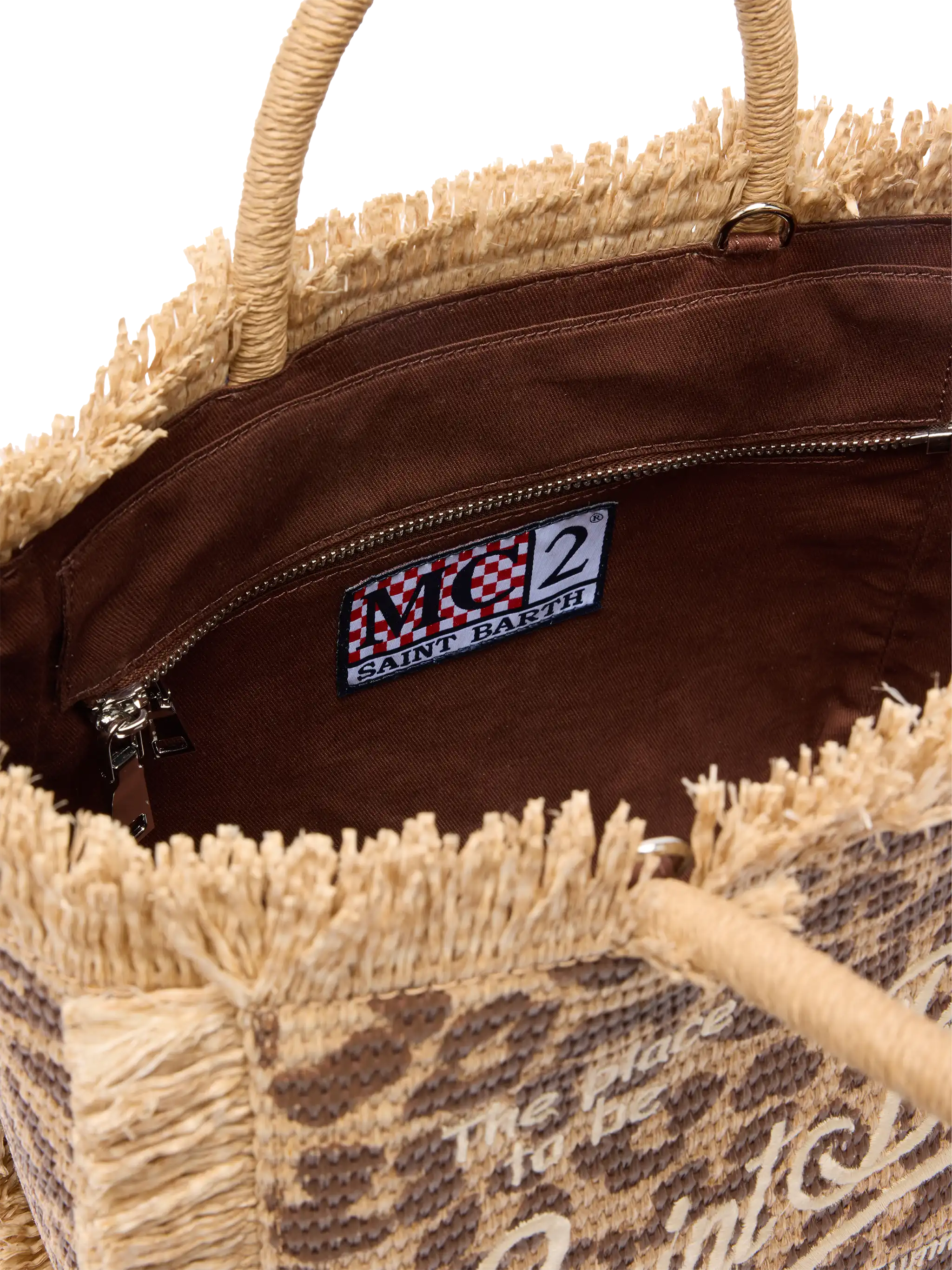 Colette Straw Effect Bag With Leopard Embroidery Brown