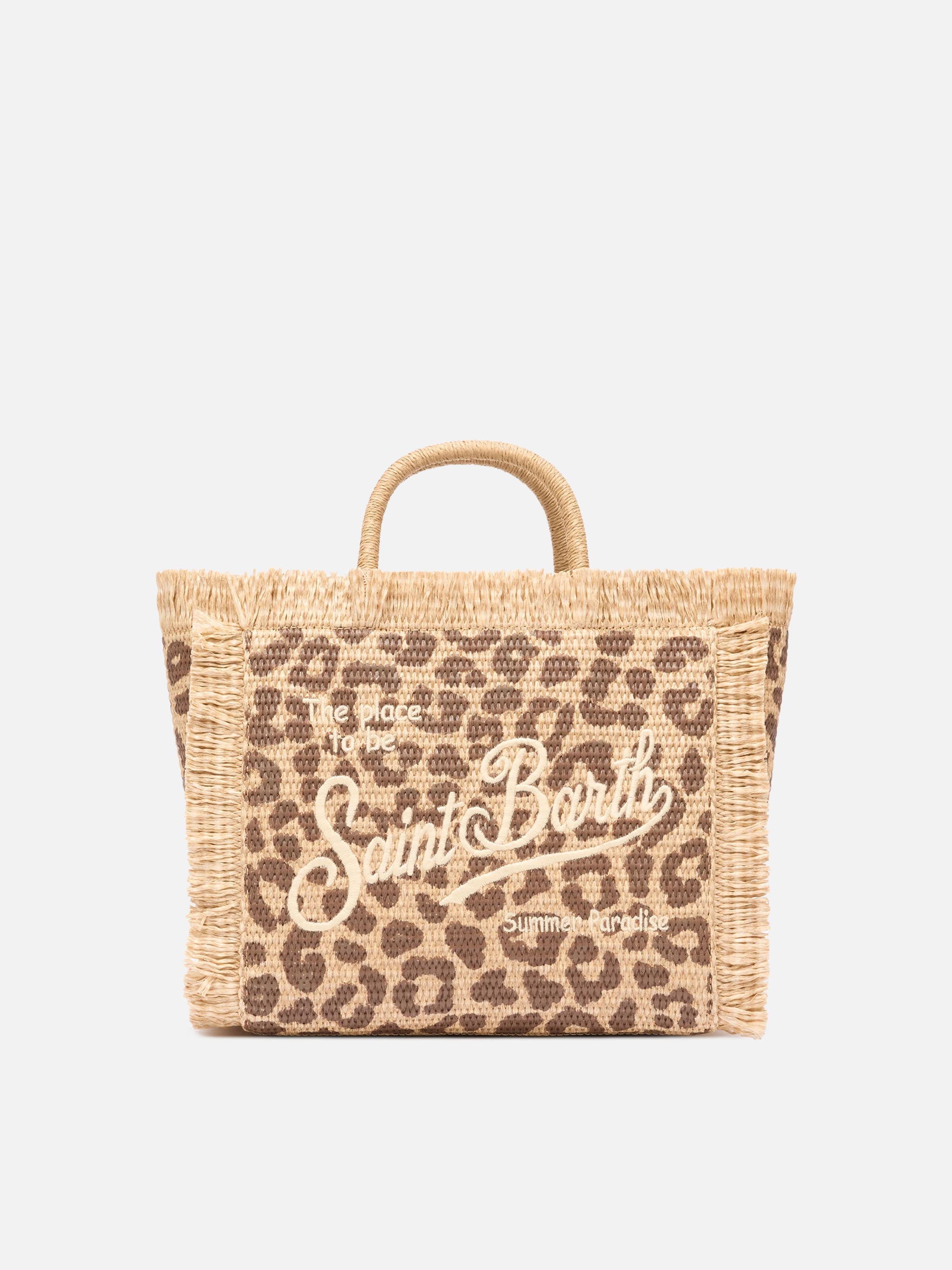 Colette Straw Effect Bag With Leopard Embroidery Brown