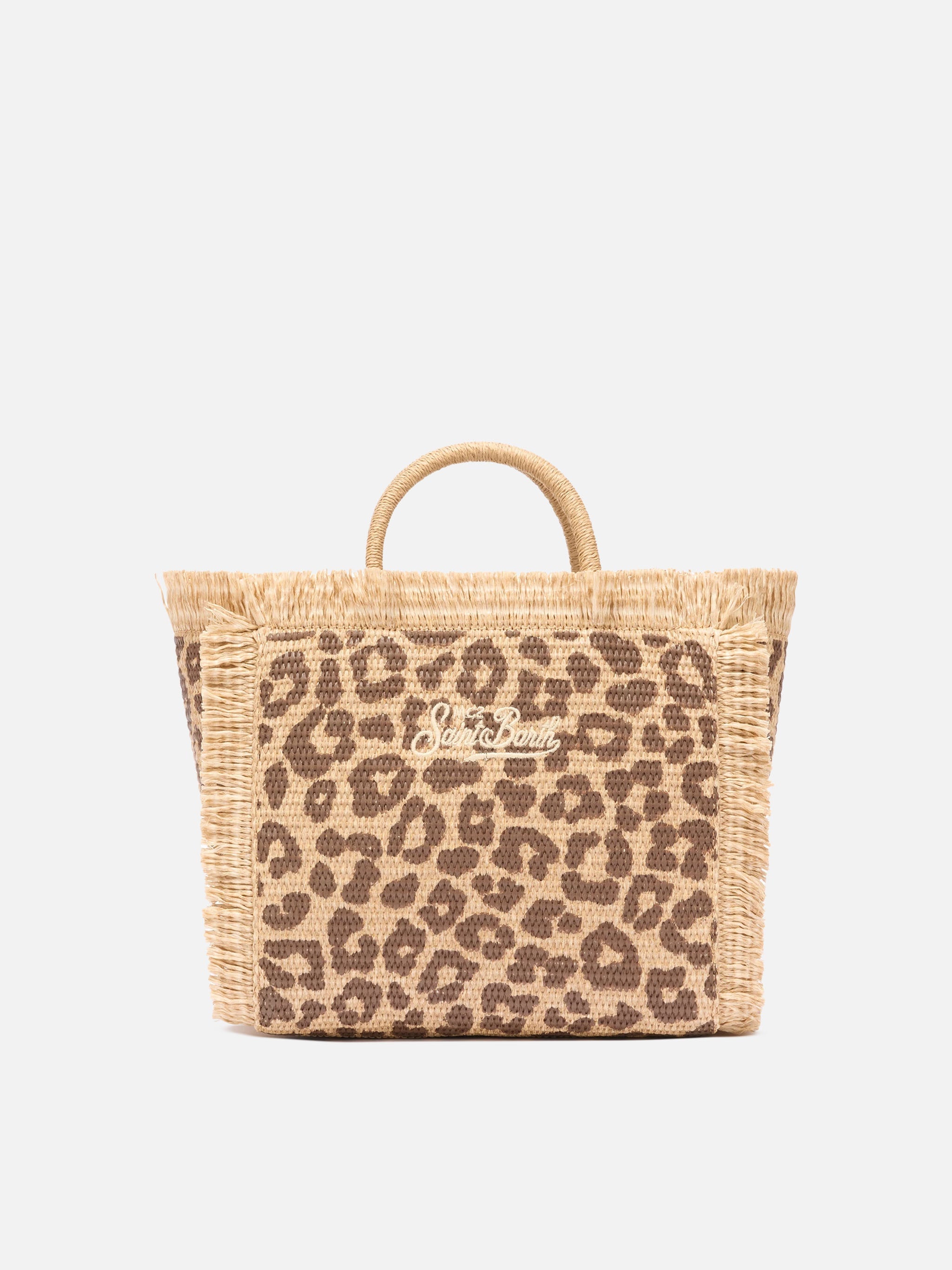 Colette Straw Effect Bag With Leopard Embroidery Brown