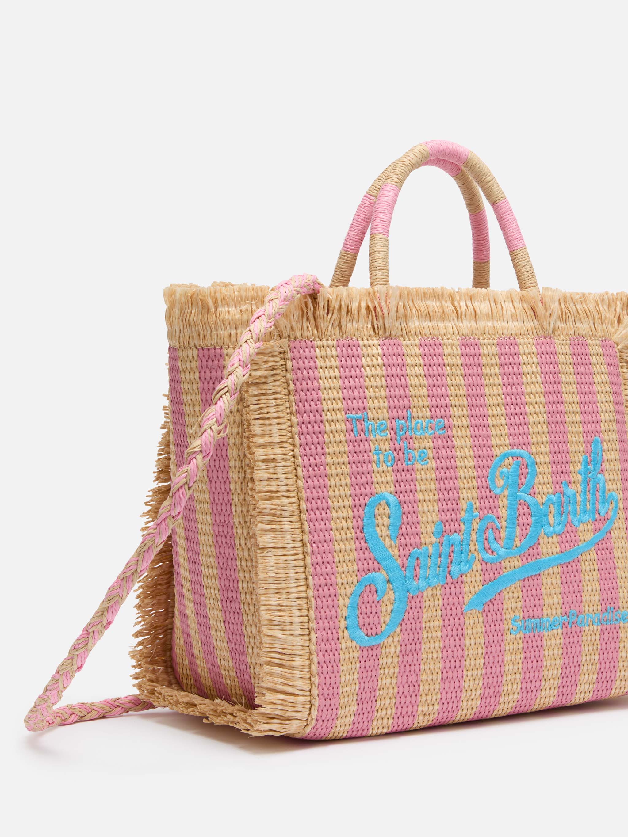 Colette Straw Effect Handbag With Striped Print Pink Bag