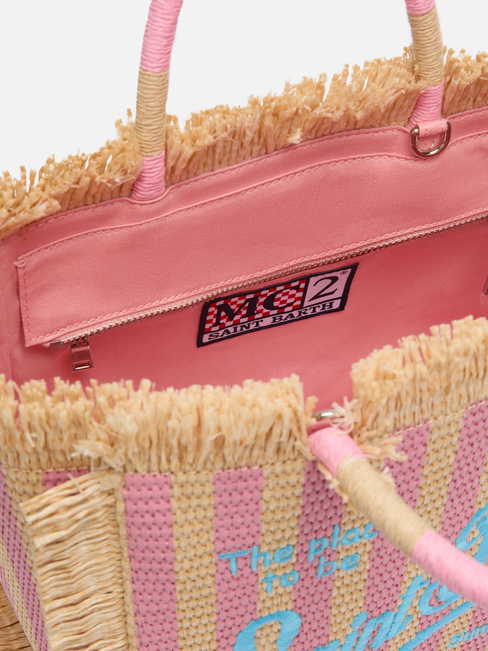 Colette Straw Effect Handbag With Striped Print Pink Bag