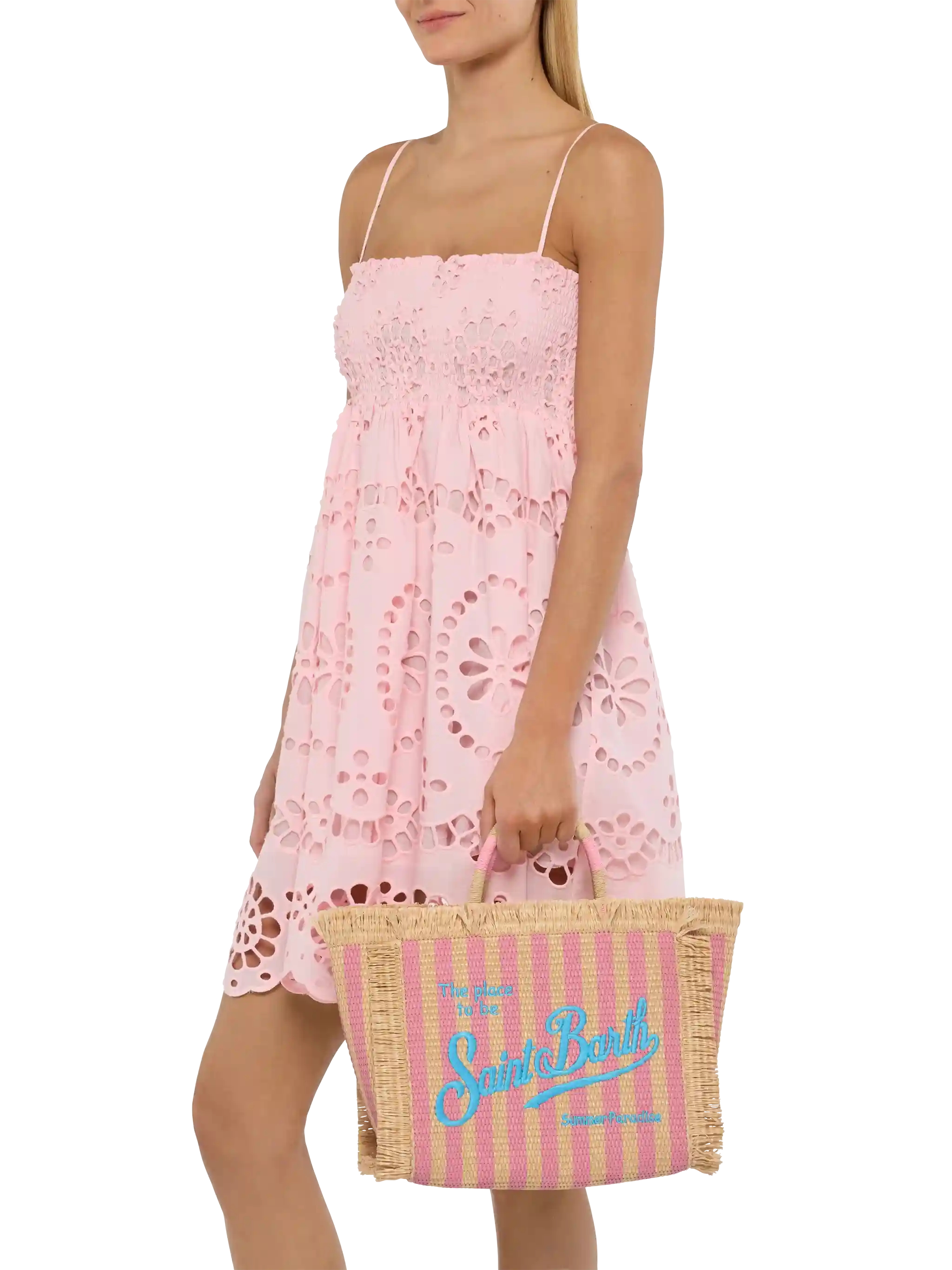 Colette Straw Effect Handbag With Striped Print Pink Bag