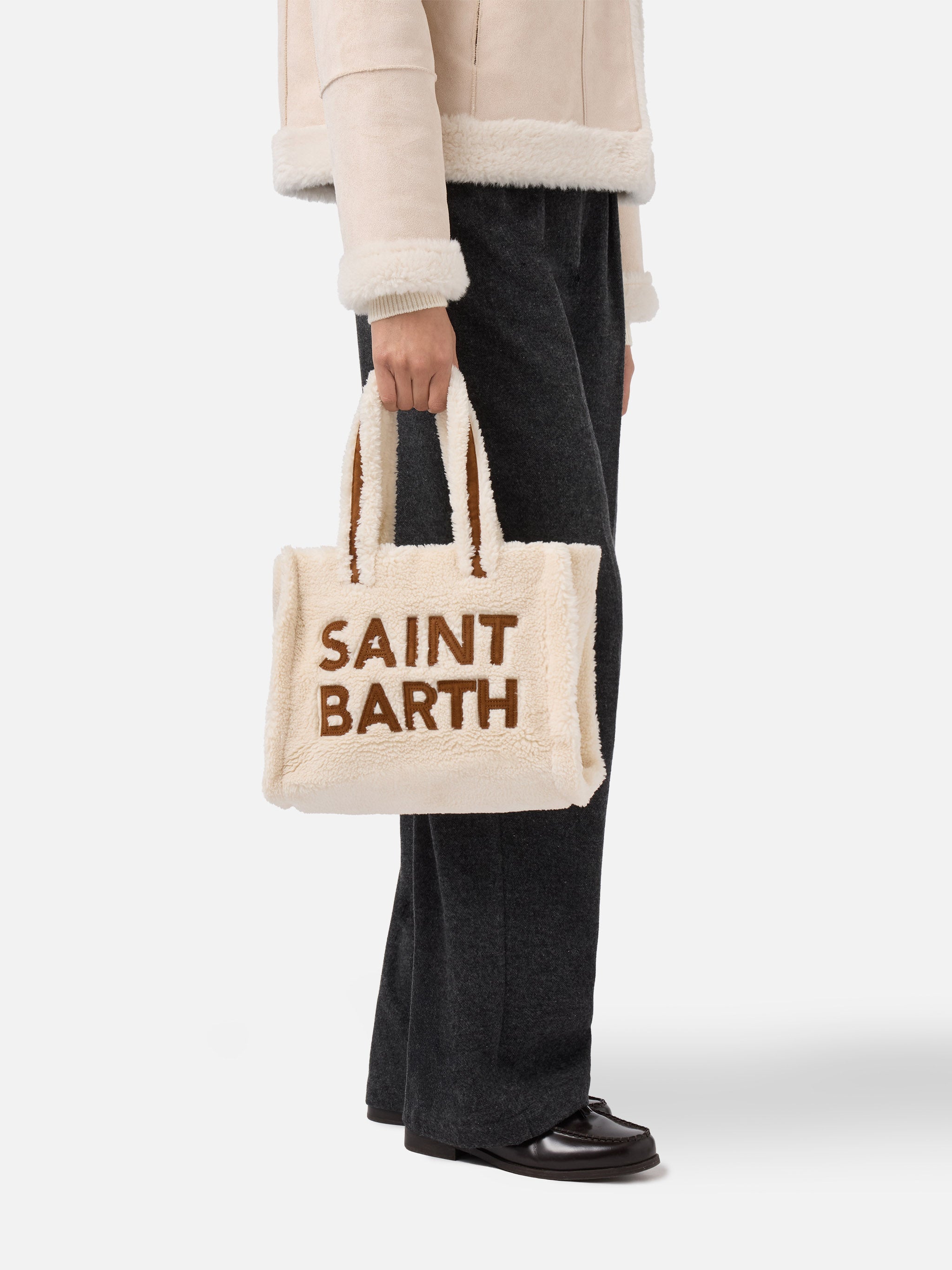 Colette Teddy Handbag In White Sherpa With Maxi Logo __single__ Bag