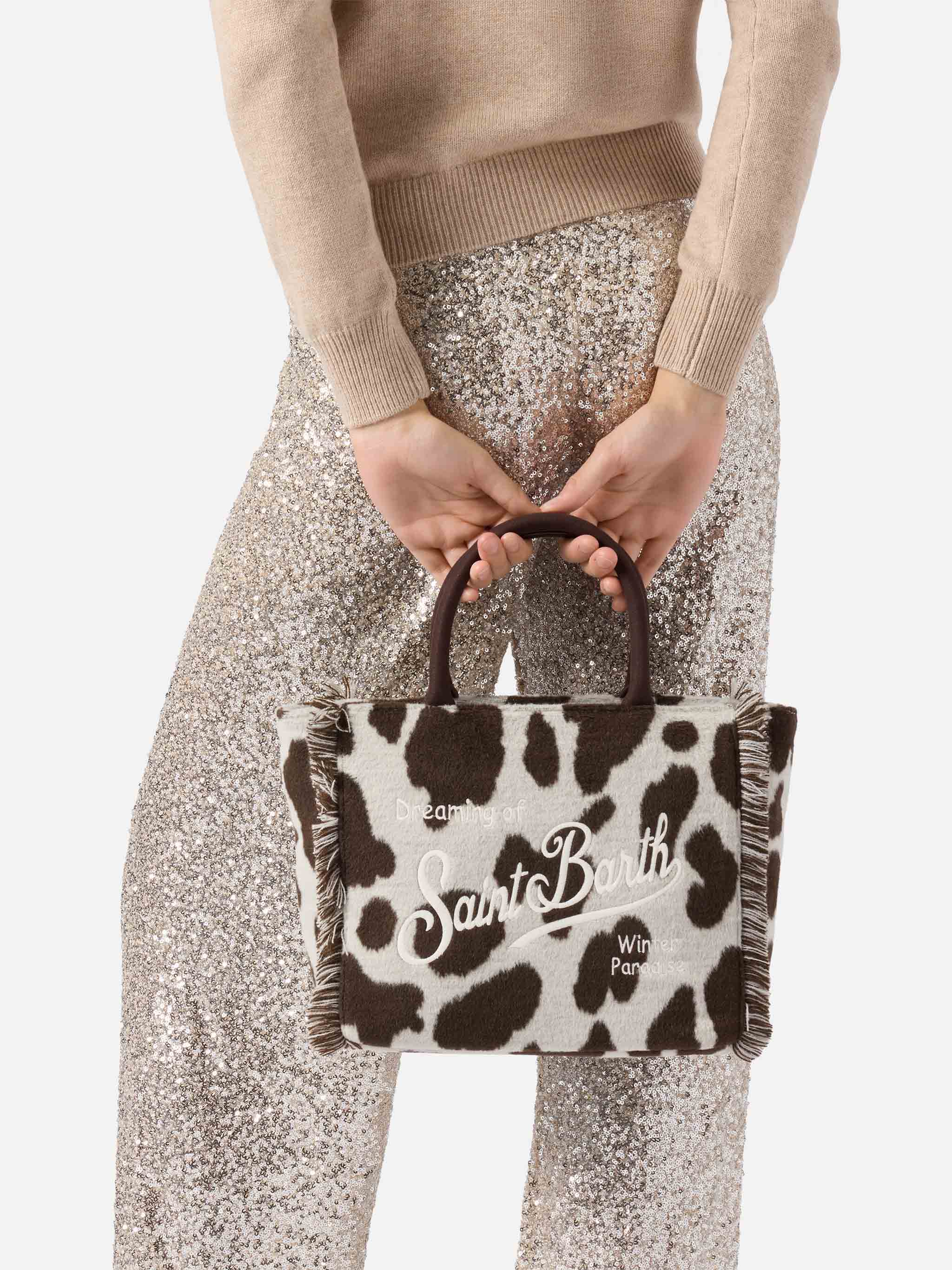 Colette Felt Handbag Cow-Print Wool Blend White Bag