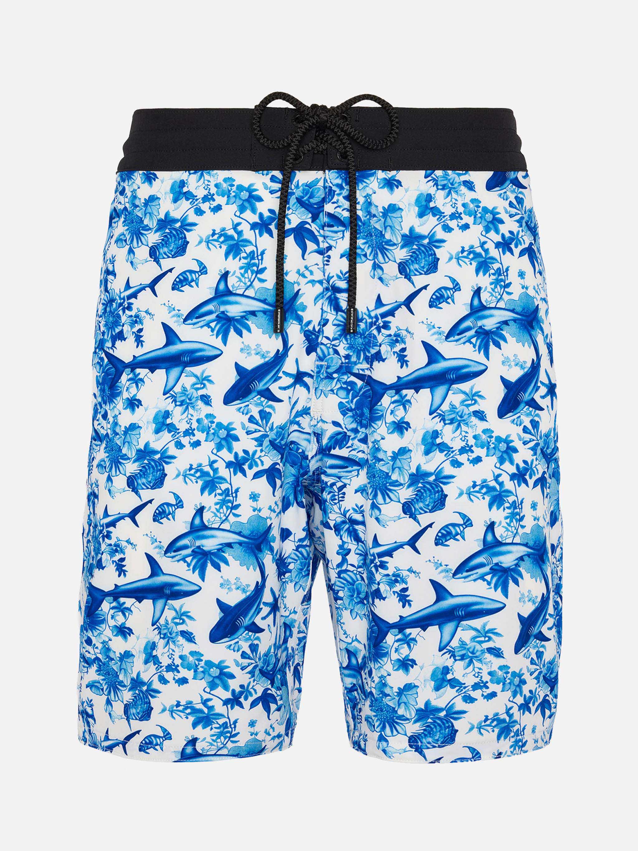 Comfort Surf Swim Shorts With Sharks Print | Ai Co-Created Design By Rickdick - Powered Red-Eye White Swimshort