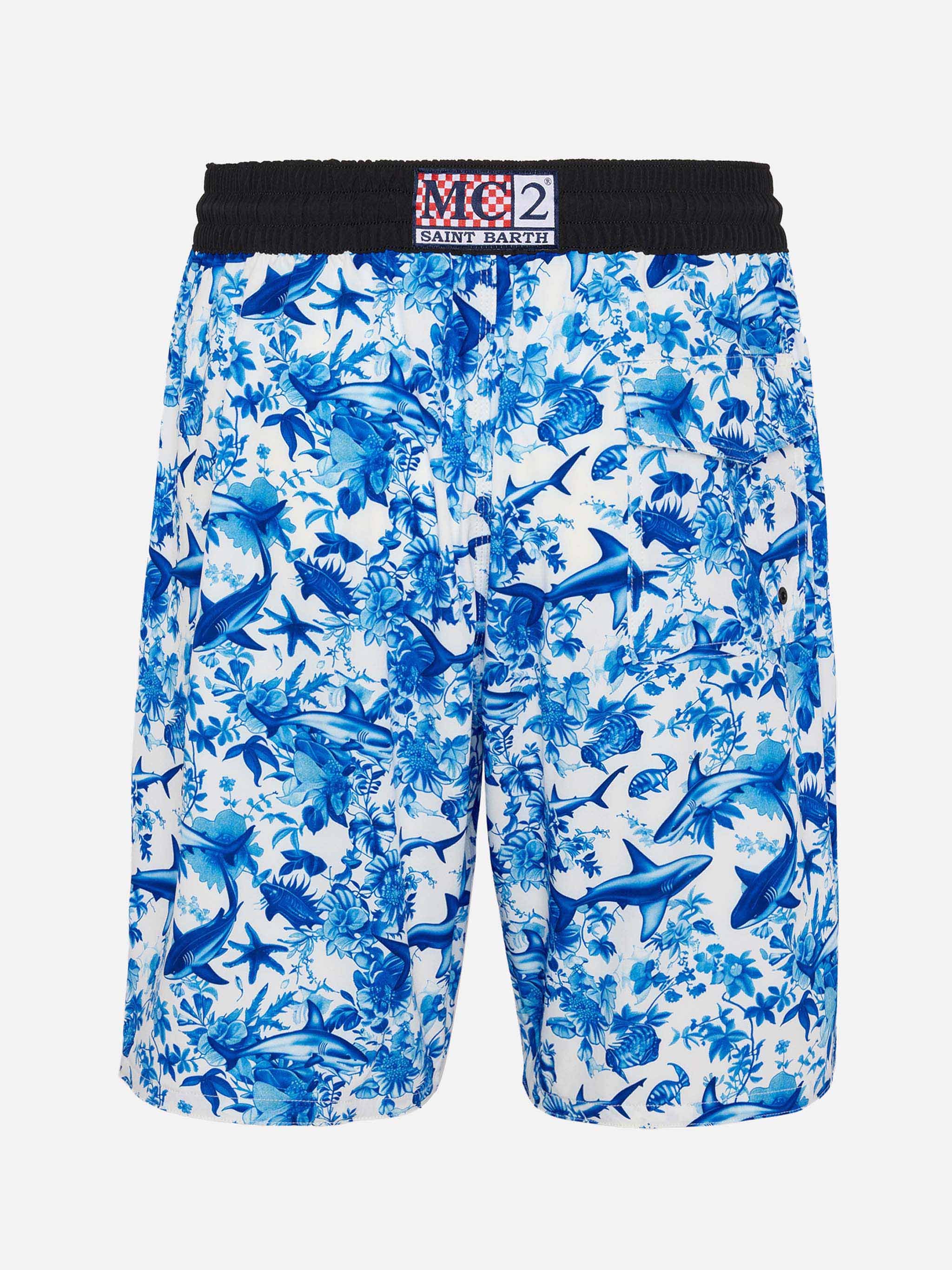 Comfort Surf Swim Shorts With Sharks Print | Ai Co-Created Design By Rickdick - Powered Red-Eye White Swimshort