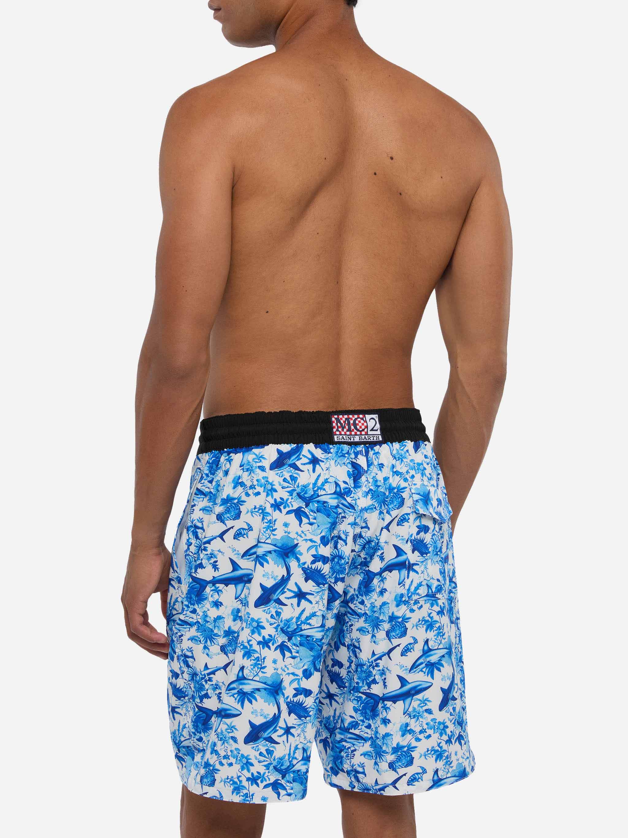 Comfort Surf Swim Shorts With Sharks Print | Ai Co-Created Design By Rickdick - Powered Red-Eye White Swimshort