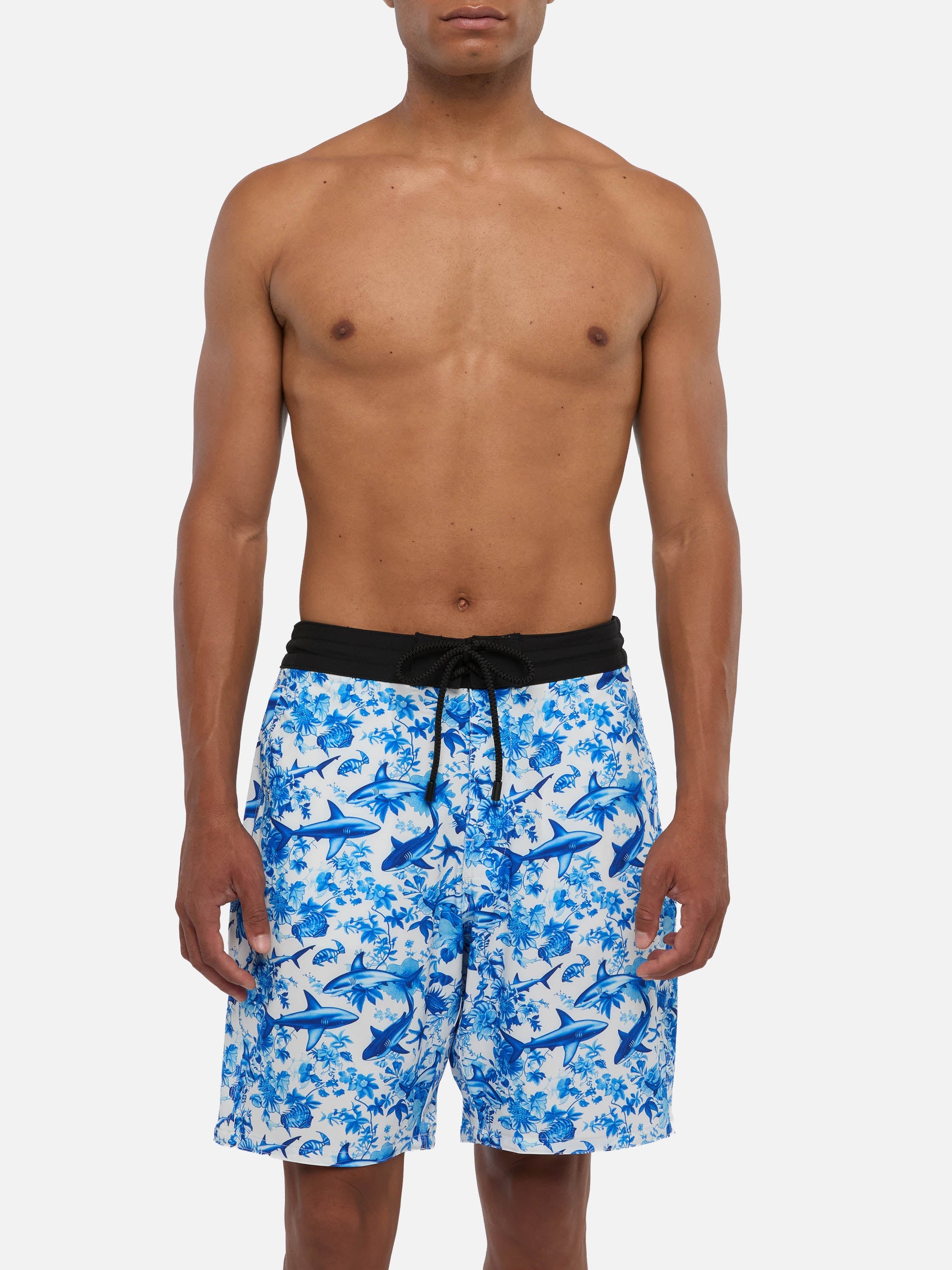 Comfort Surf Swim Shorts With Sharks Print | Ai Co-Created Design By Rickdick - Powered Red-Eye White Swimshort