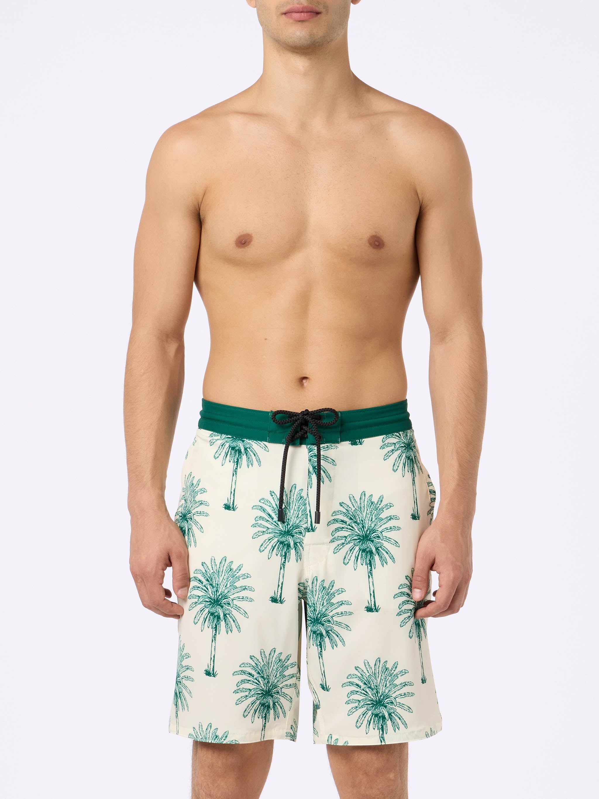 Long Stretch Comfort Surf Swim Shorts With Palm Print White Swimshort