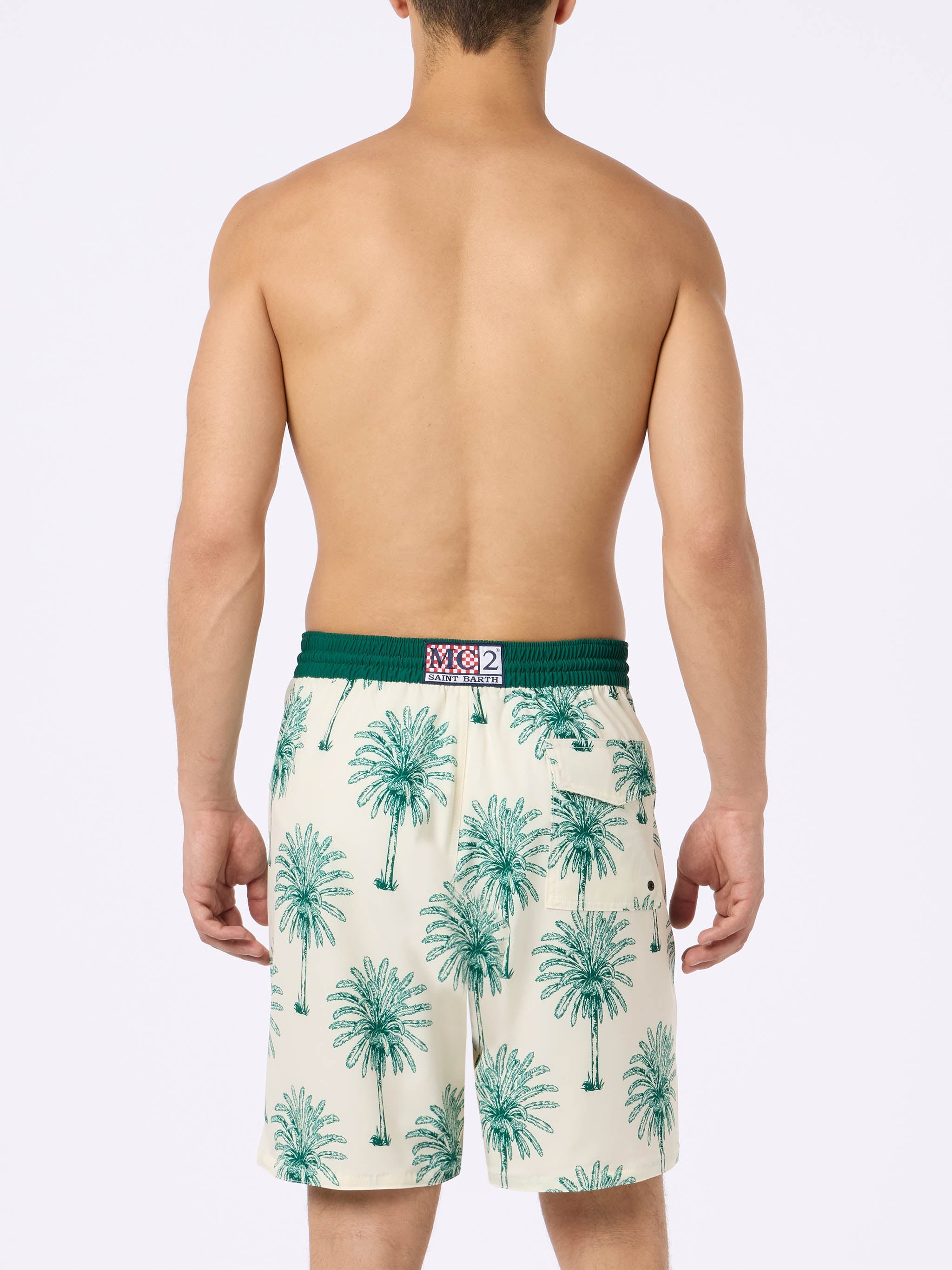 Long Stretch Comfort Surf Swim Shorts With Palm Print White Swimshort