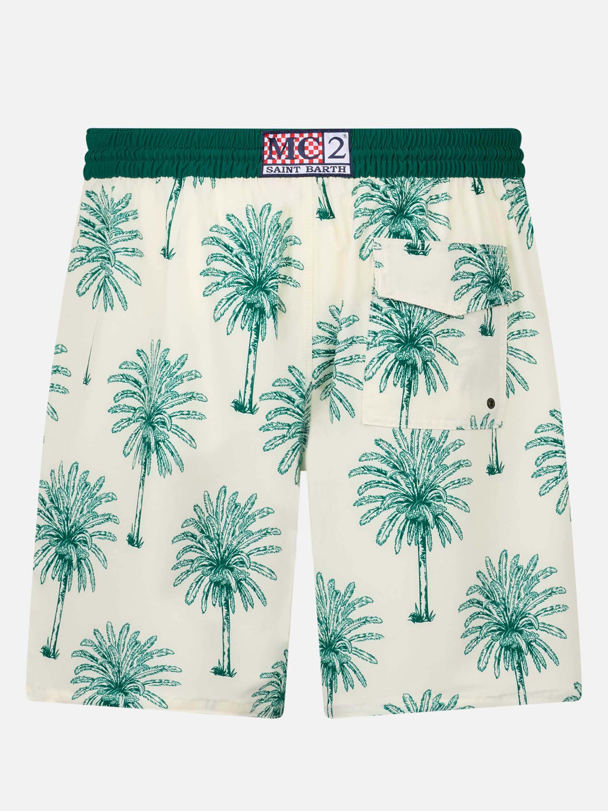 Long Stretch Comfort Surf Swim Shorts With Palm Print White Swimshort