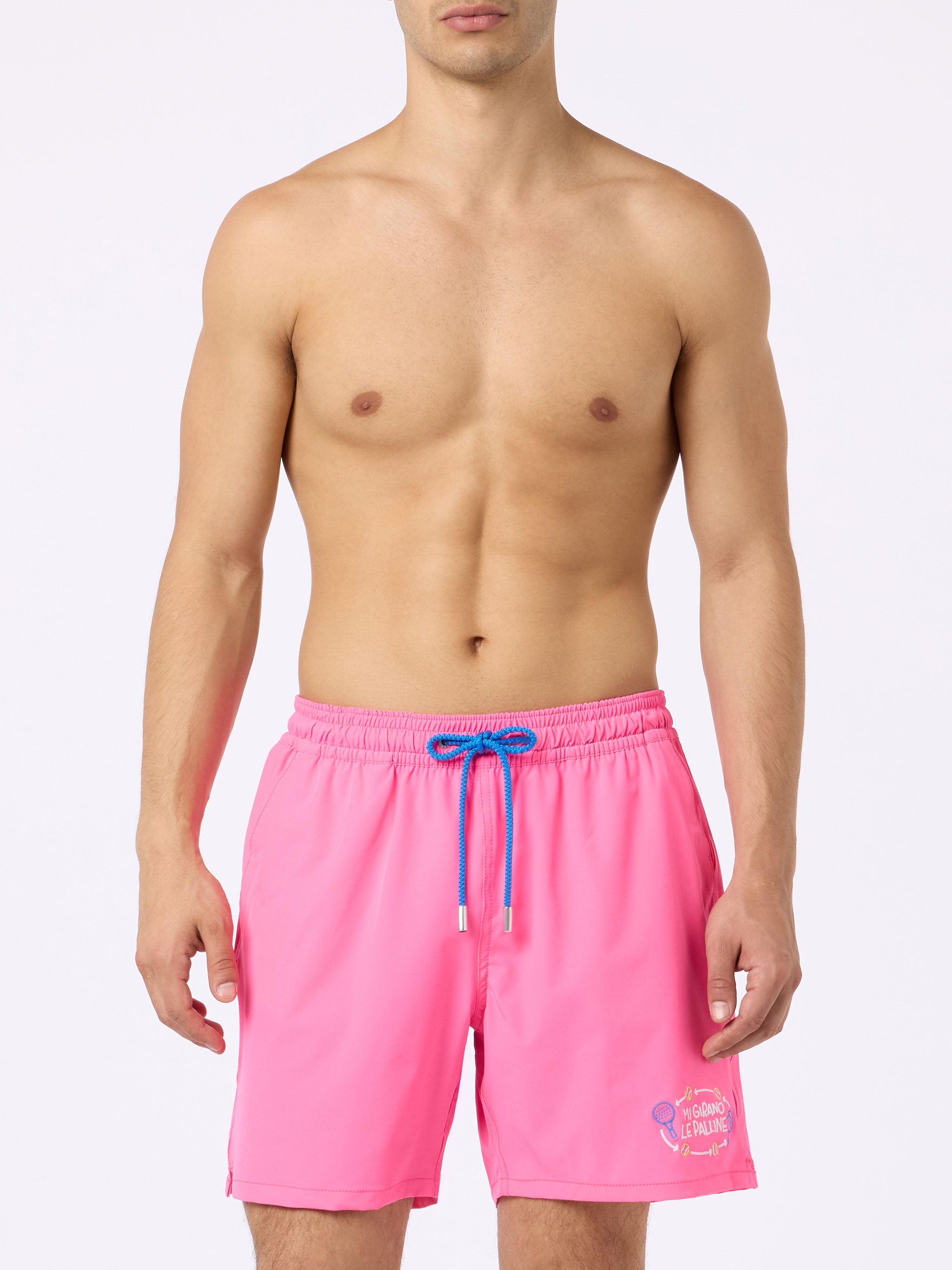 Classic Stretch Comfort Swim Shorts With Mi Girano Le Palline Embroidery | Insulti Luminosi Special Edition Pink Swimshort