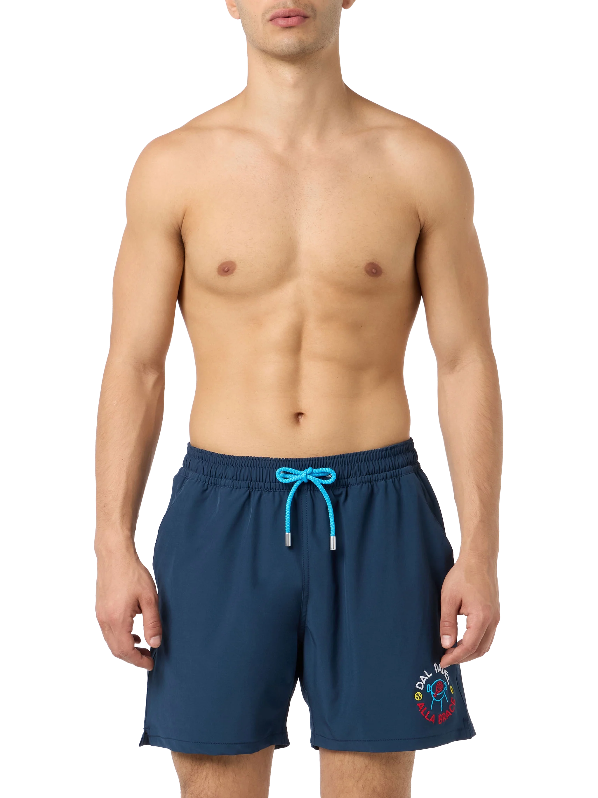 Comfort Classic Stretch Swim Shorts With Dal Padel Alla Brace Embroidery | Insulti Luminosi Special Edition Blue Swimshort