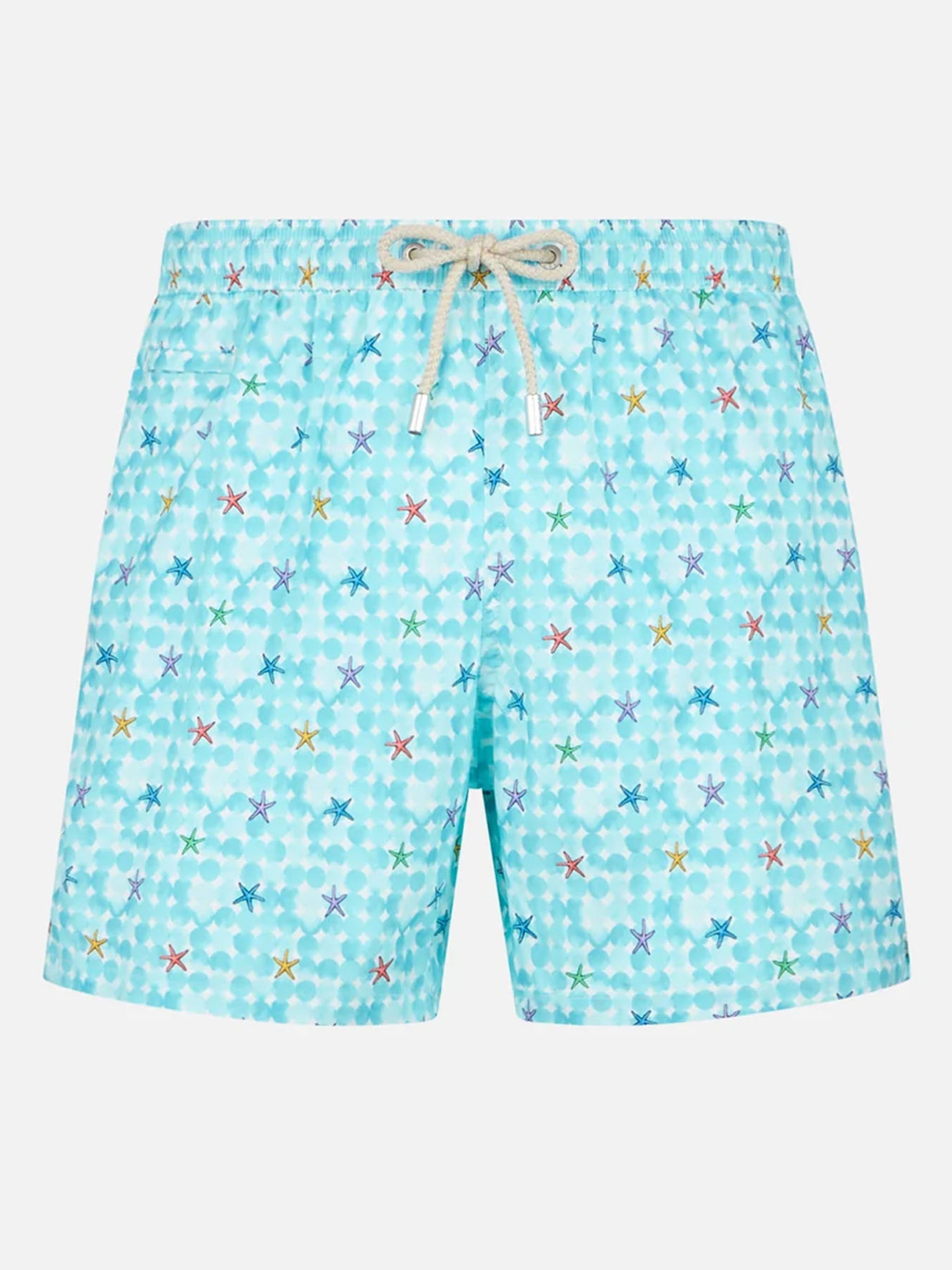 Man Stretch Fabric Comfort Swim Shorts With Sea Star Print White Swimshort