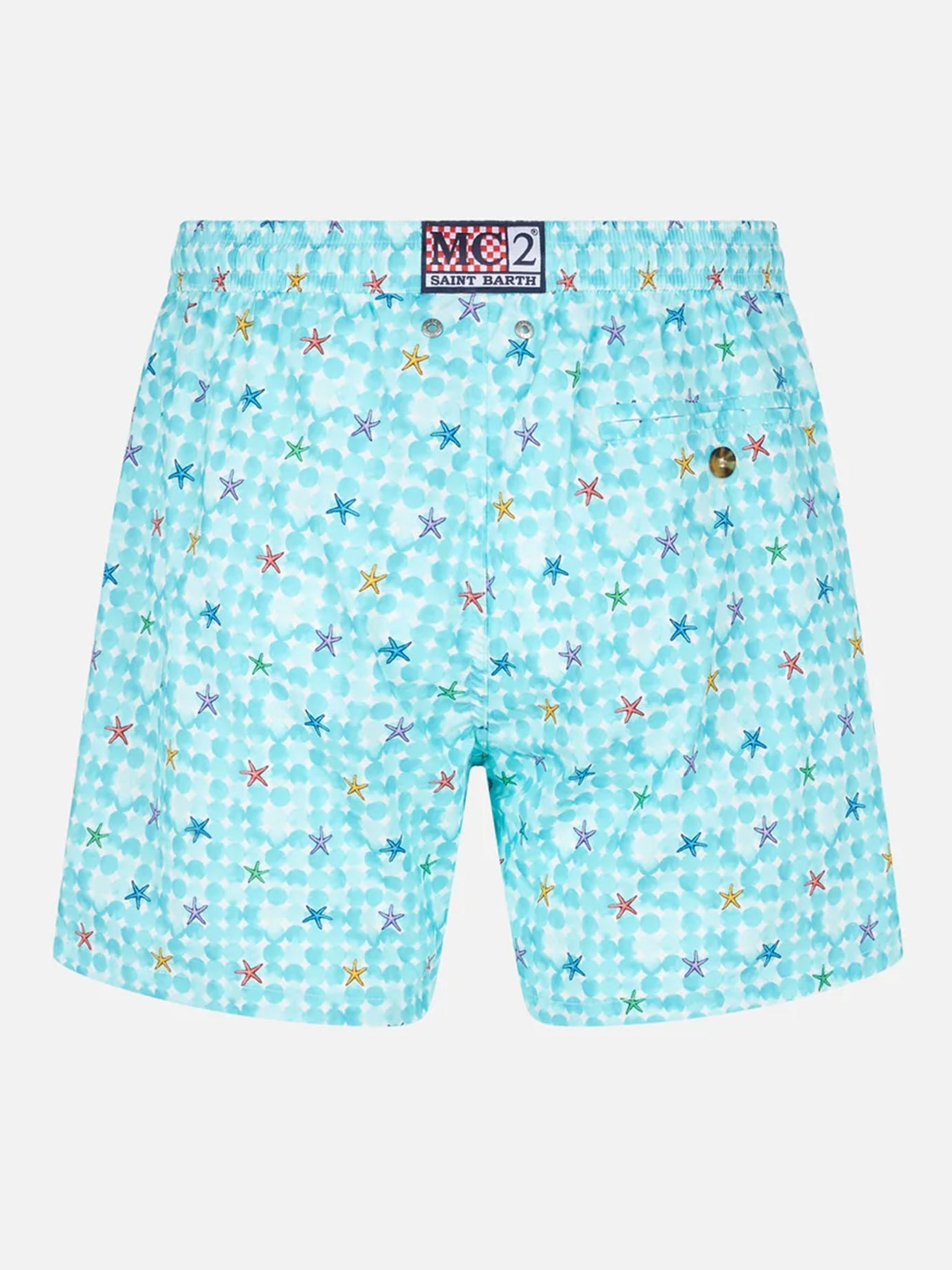 Man Stretch Fabric Comfort Swim Shorts With Sea Star Print White Swimshort