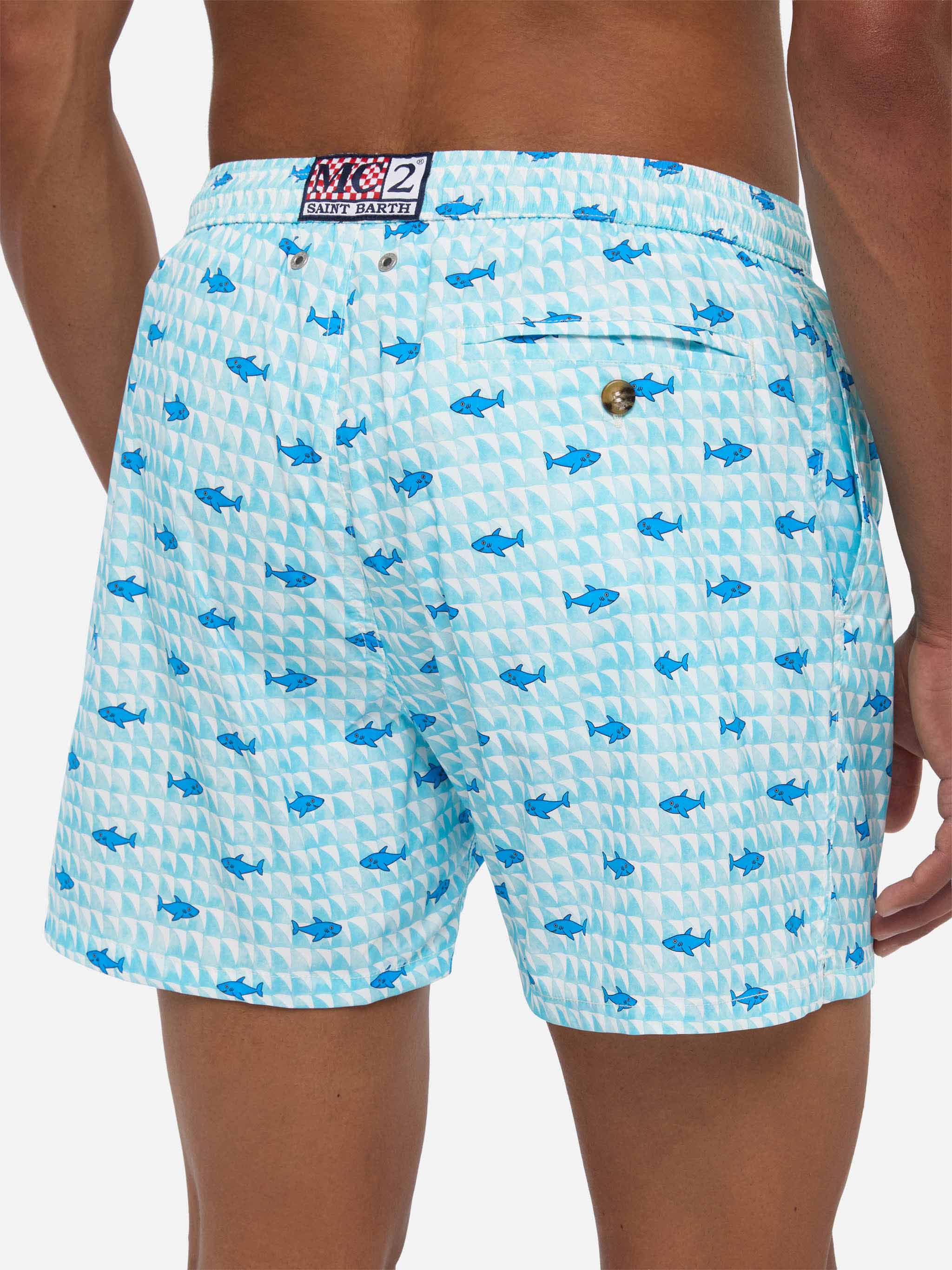 Comfort Light Swim Shorts With Fin Shark Print Blue Swimshort