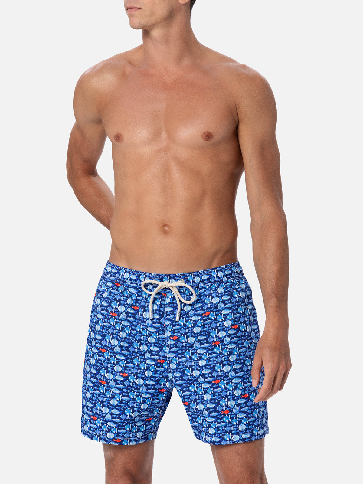 Comfort Light Classic Stretch Swim Shorts With Fishes Print Blue Swimshort