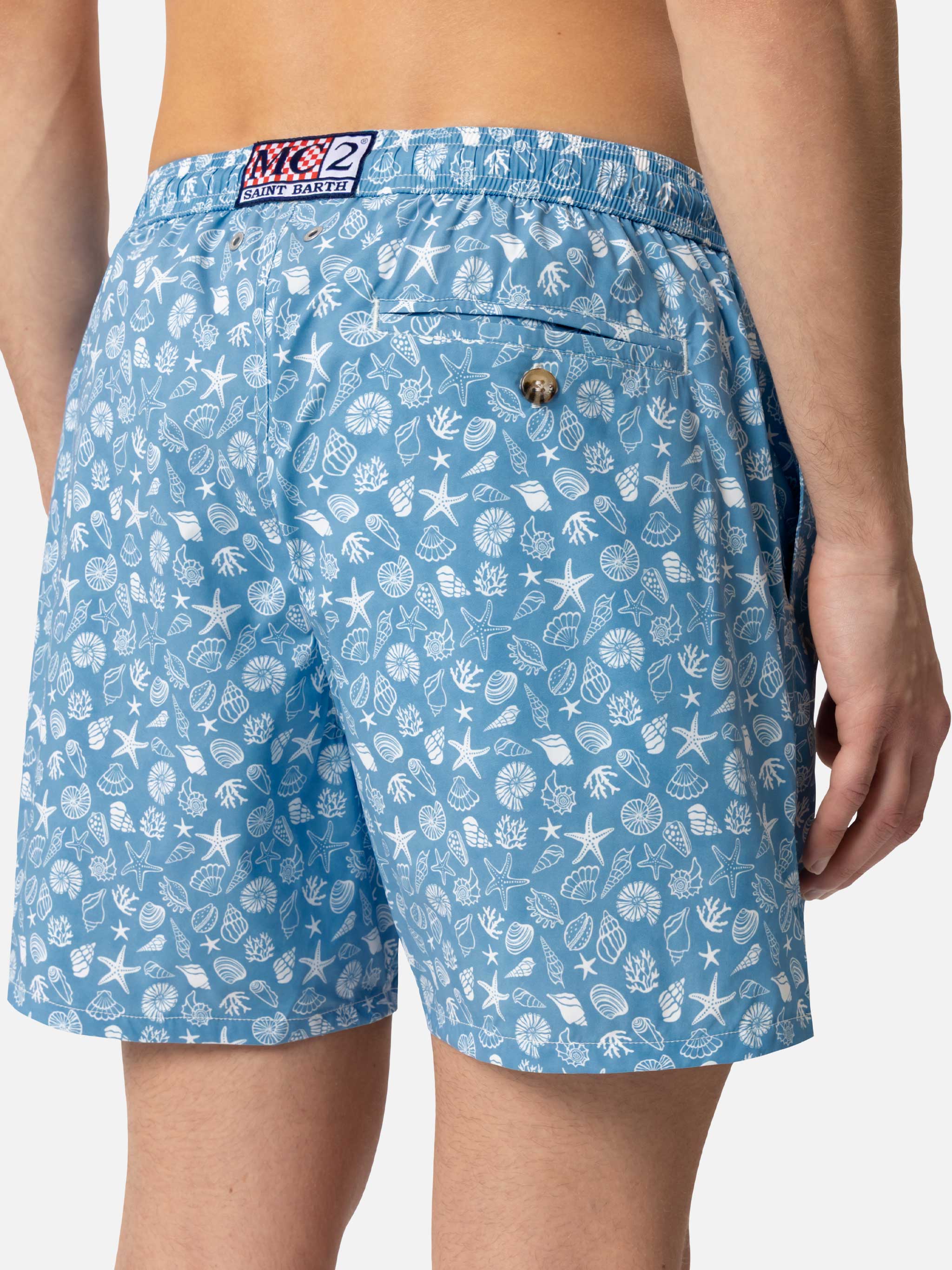 Comfort Light Swim Shorts With Tropical Shell Print Blue Swimshort
