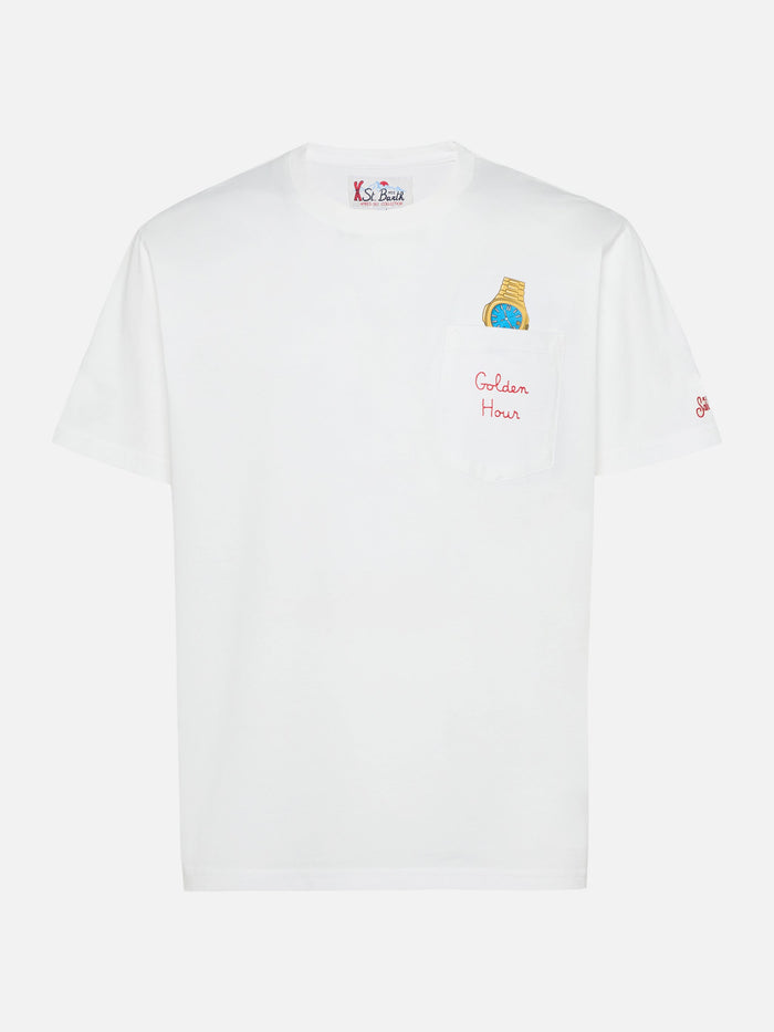 Connor Cotton T-Shirt White With Golden Hour Pocket Embroidery