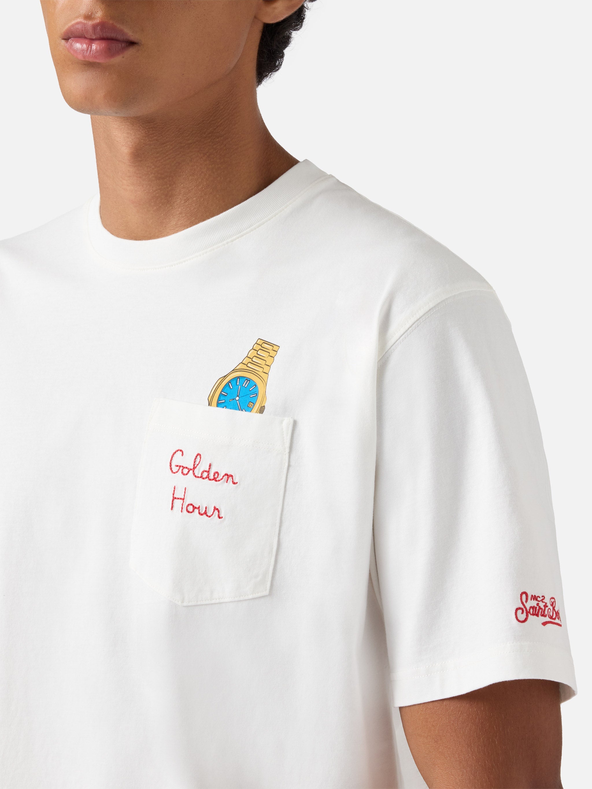 Connor Cotton T-Shirt White With Golden Hour Pocket Embroidery