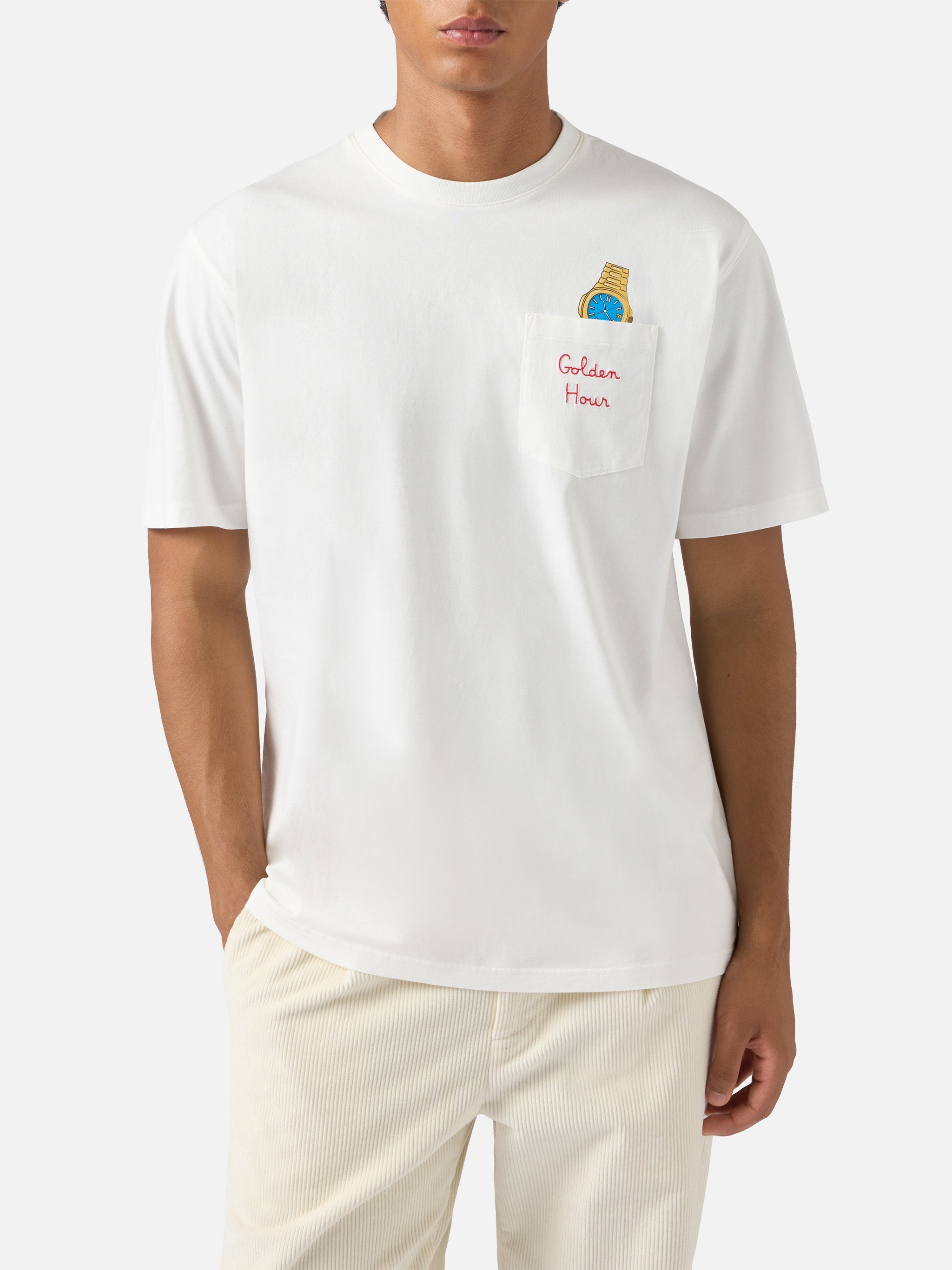 Connor Cotton T-Shirt White With Golden Hour Pocket Embroidery