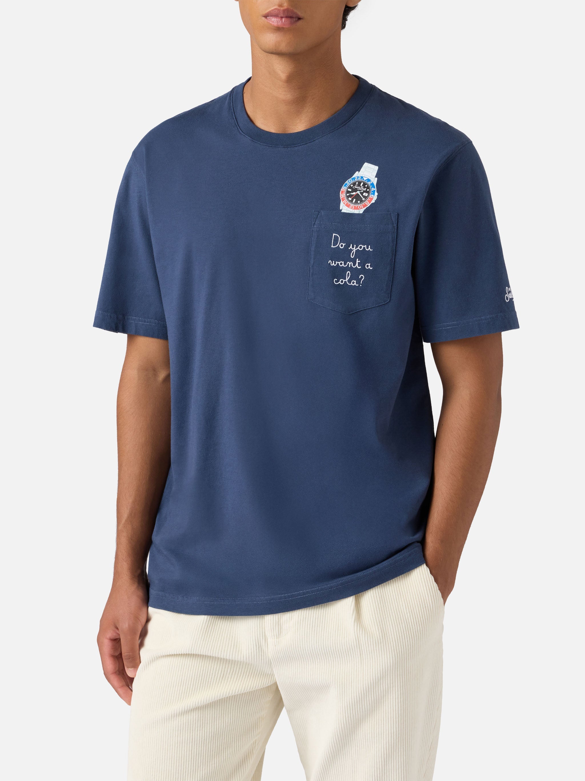 Connor Cotton T-Shirt Blue With Do You Want A Cola? Pocket Embroidery