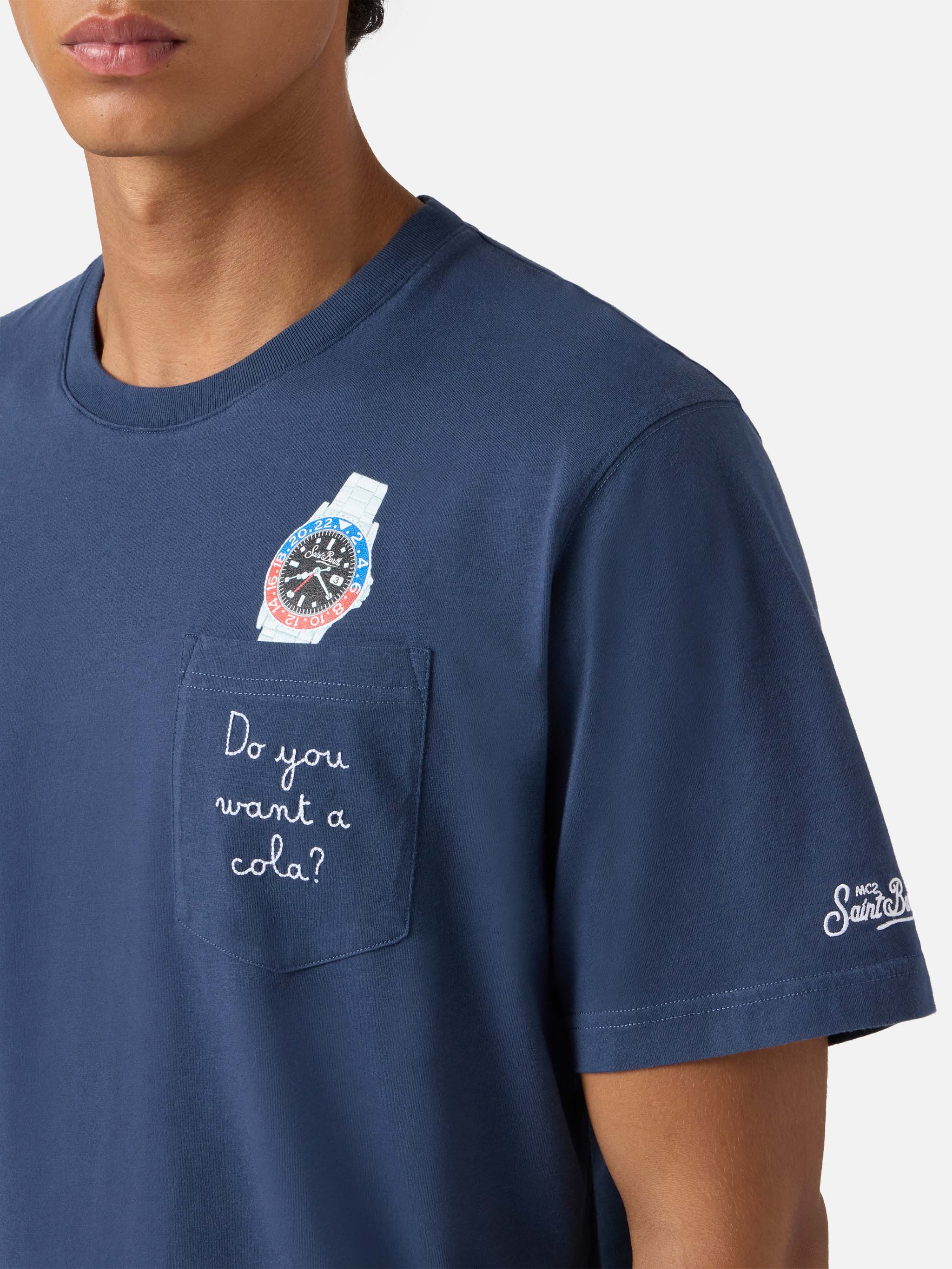 Connor Cotton T-Shirt Blue With Do You Want A Cola? Pocket Embroidery