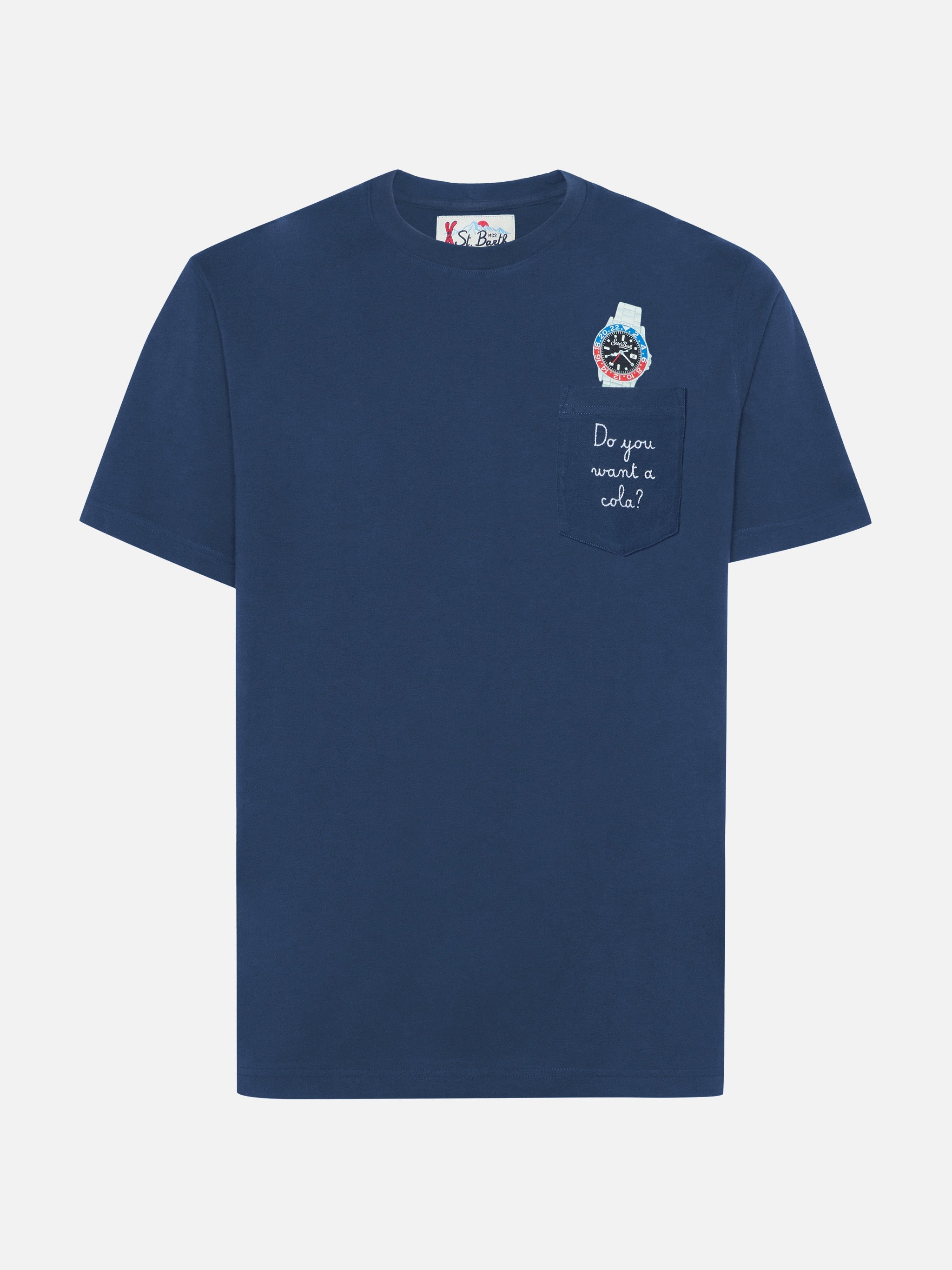 Connor Cotton T-Shirt Blue With Do You Want A Cola? Pocket Embroidery
