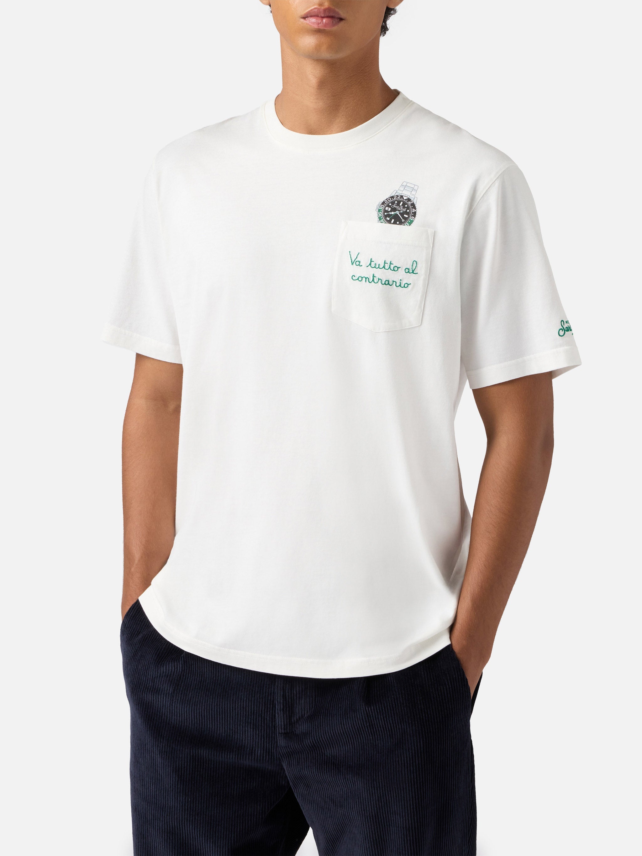 Connor Cotton T-Shirt White With Va Tutto Al Contrario Pocket Embroidery