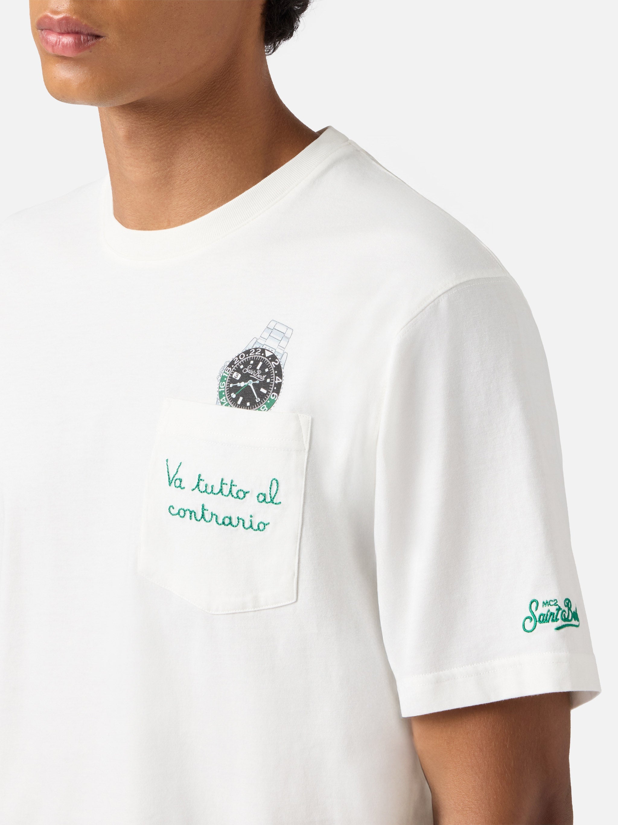Connor Cotton T-Shirt White With Va Tutto Al Contrario Pocket Embroidery