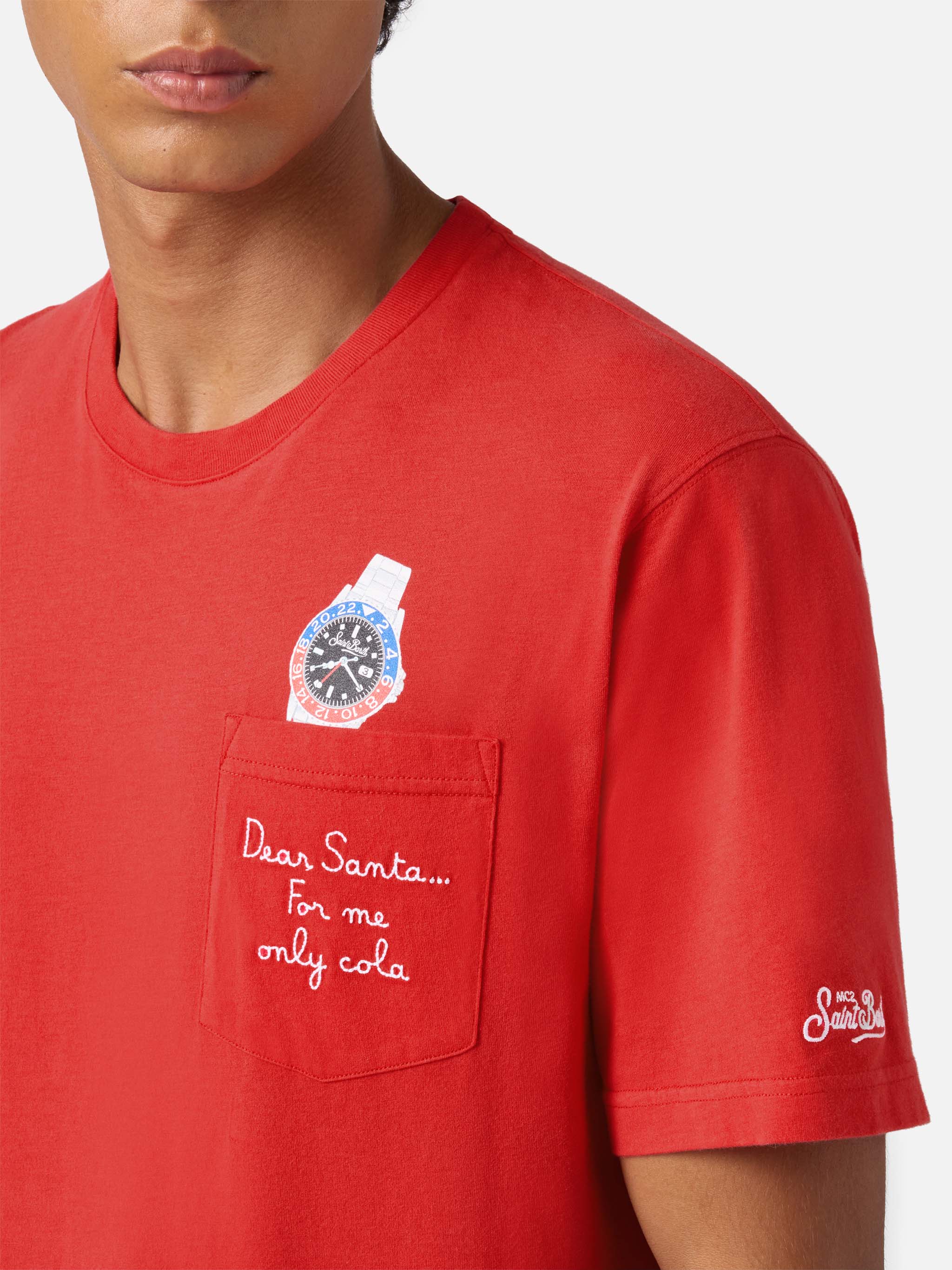 Connor Winter Cotton T-Shirt Red With Dear Santa Pocket Embroidery