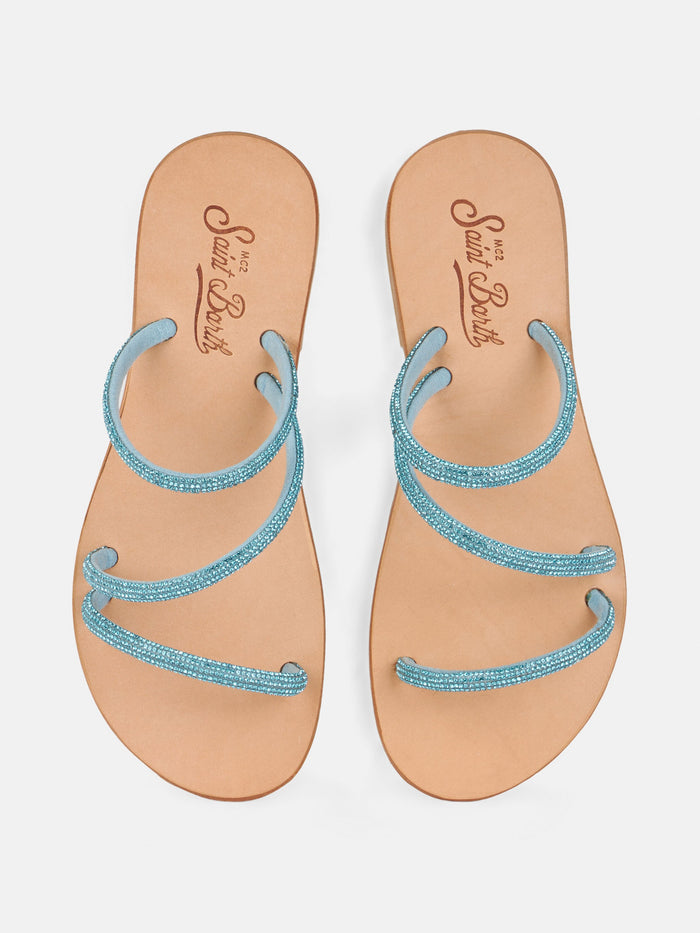 Cora Flat Sandals With Turquoise Rhinestones Sky