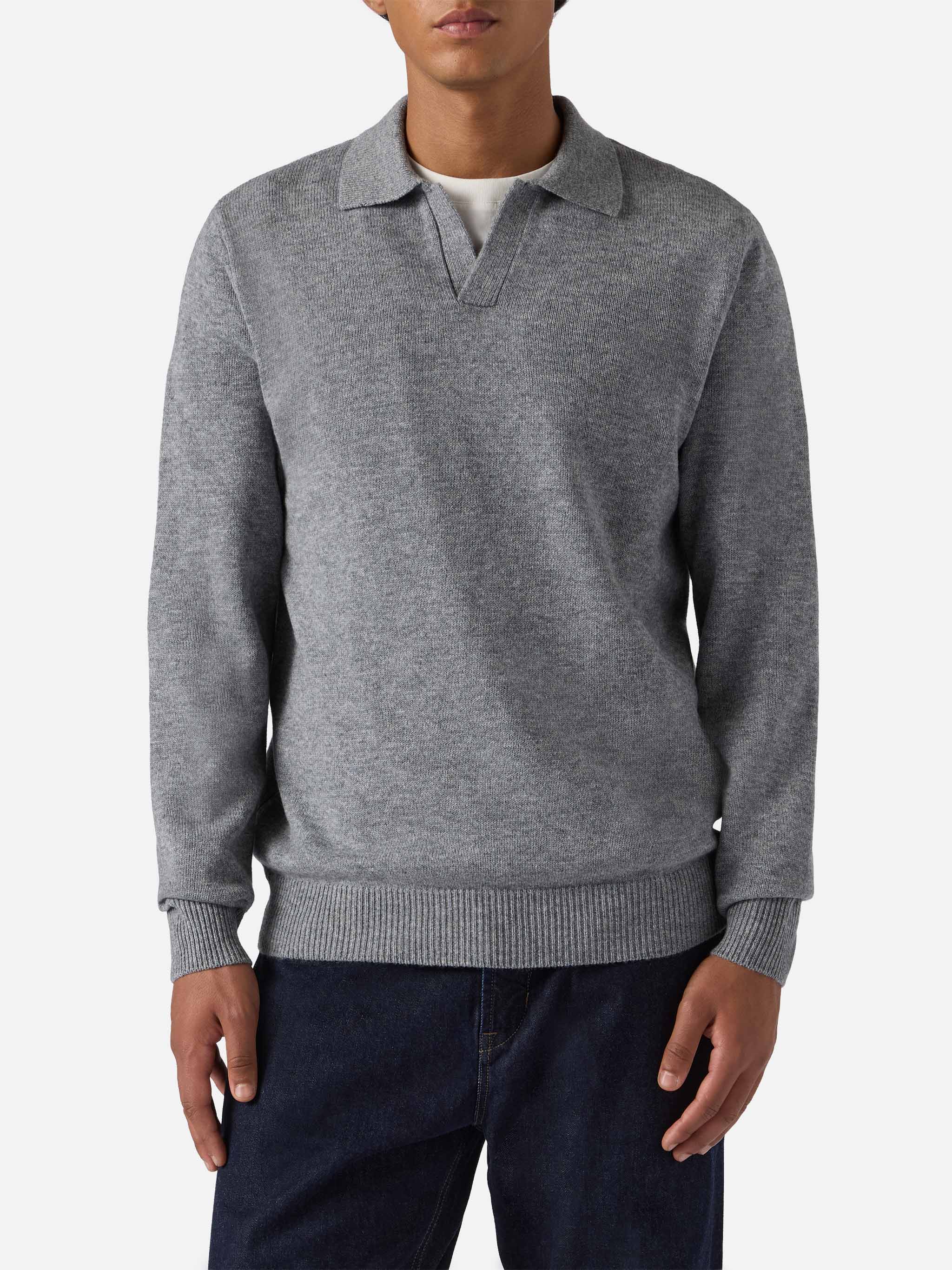 Grey Melange Pure-Wool Knit Polo Covent Knitwear