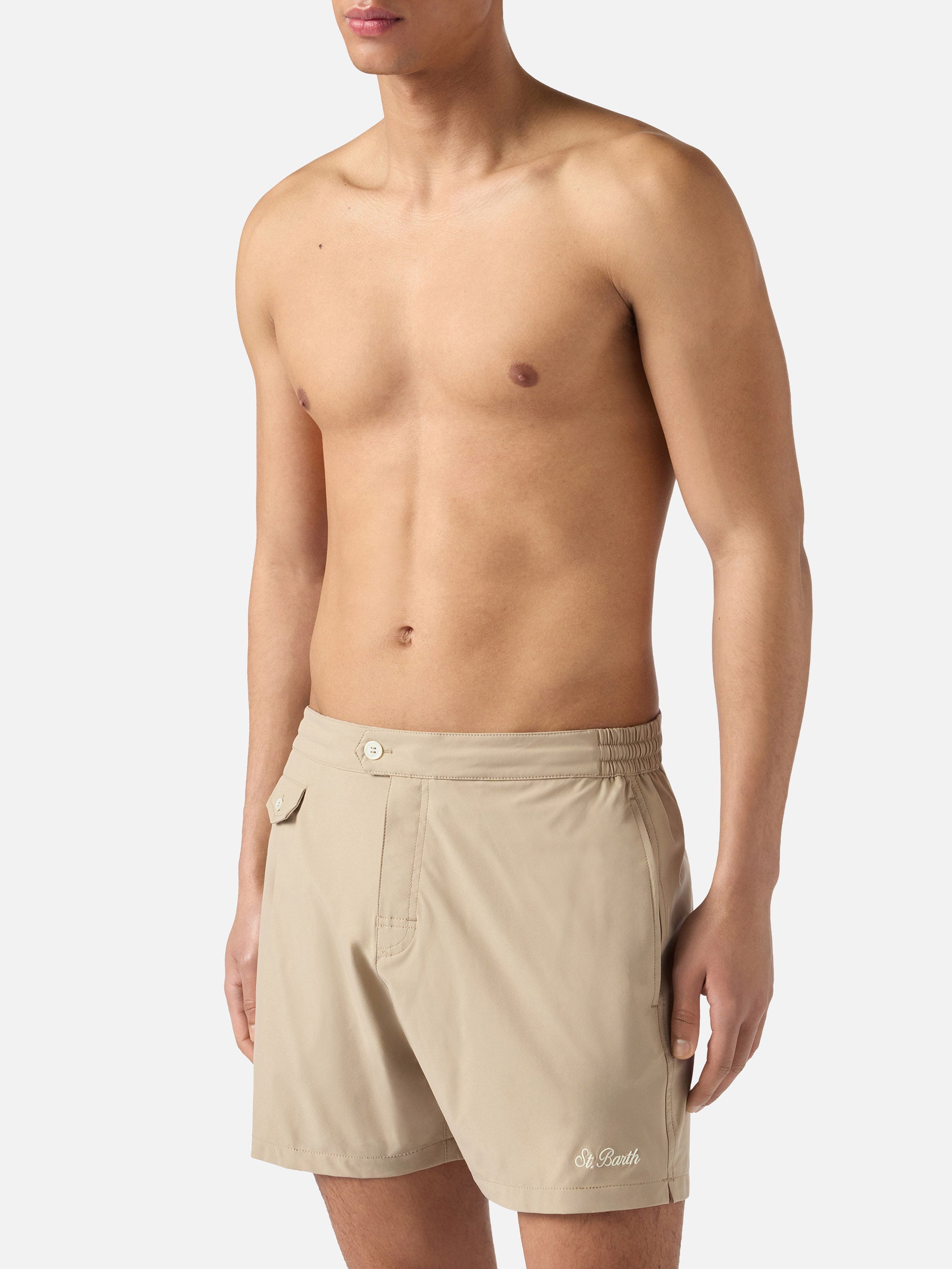 Capferrat Swim Shorts Solid Beige With Embroidered Logo Brown Swimshort