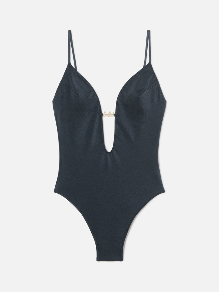 Crunchy Plate One-Piece Swimsuit Glossy Finish With Logo Plaque Grey One Piece