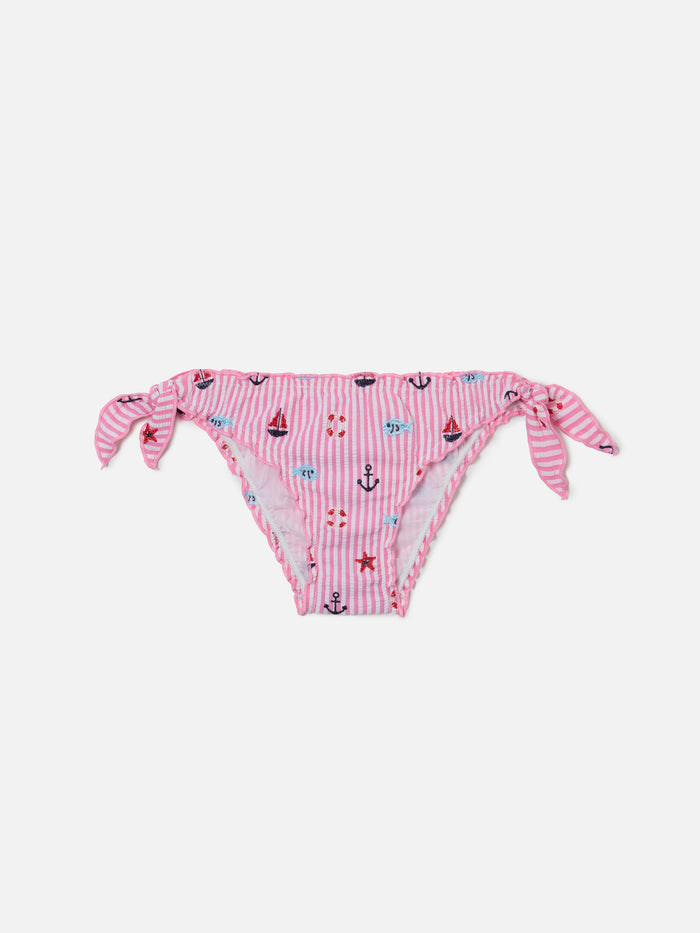 Cric Pink Striped Seersucker Swim Briefs With Marine Embroidery Bottom