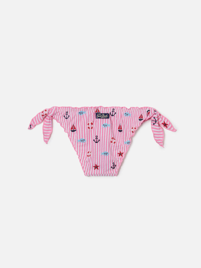 Cric Pink Striped Seersucker Swim Briefs With Marine Embroidery Bottom