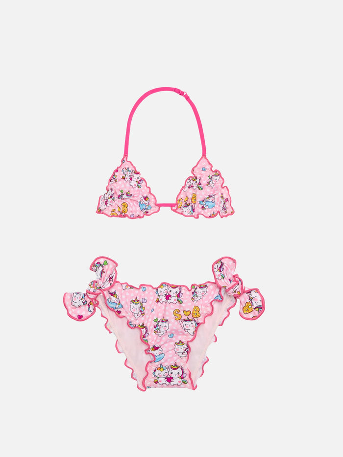Girl Triangle Bikini With Unicorn Print Pink