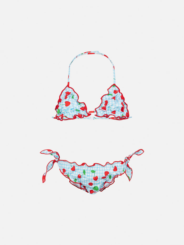 Cris Classic Triangle Bikini With Cherry And Gingham Print Sky