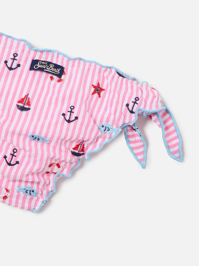 Cris Pink And Light Blue Seersucker Striped Bikini With Embroidered Details