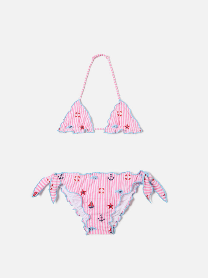 Cris Pink And Light Blue Seersucker Striped Bikini With Embroidered Details