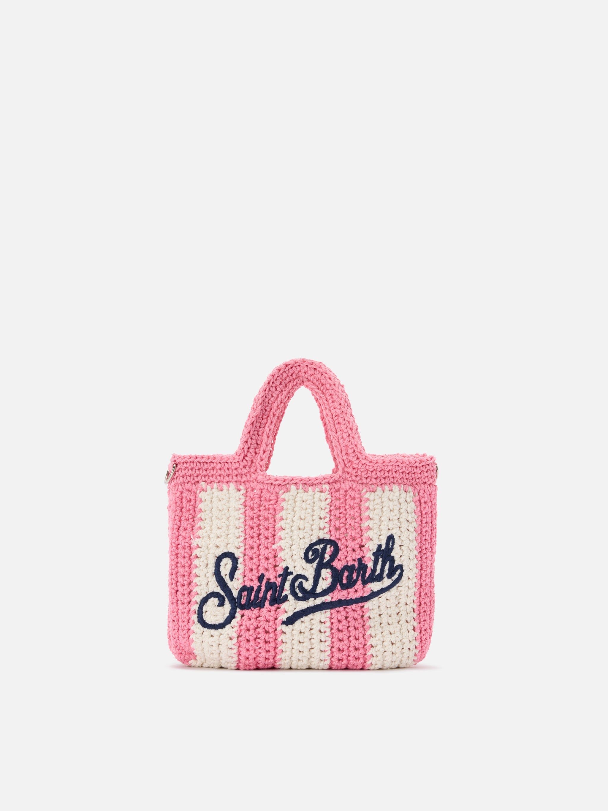 Crochet Mini Bag With Pink Striped Pattern And Embroidered Logo
