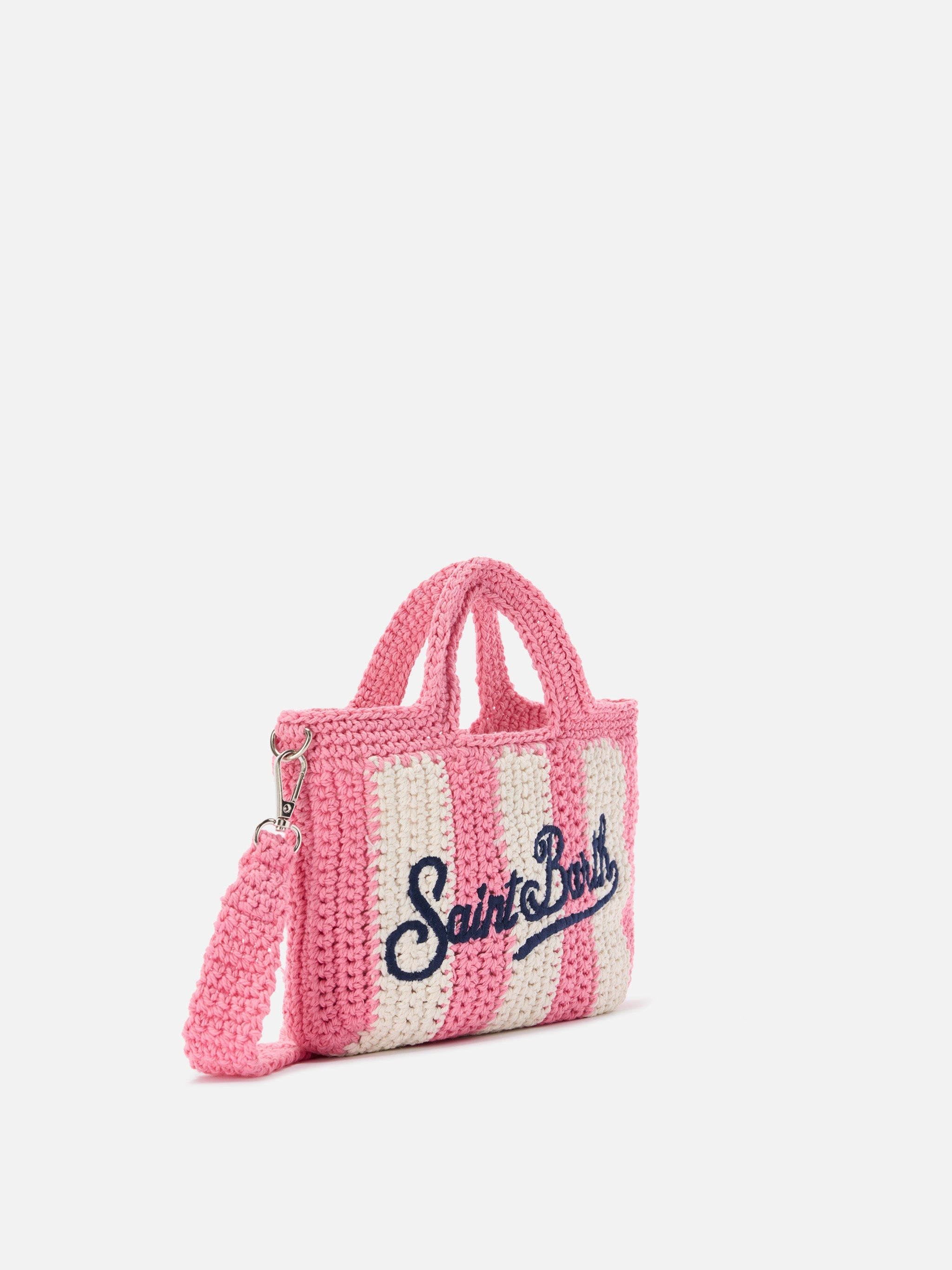 Crochet Mini Bag With Pink Striped Pattern And Embroidered Logo