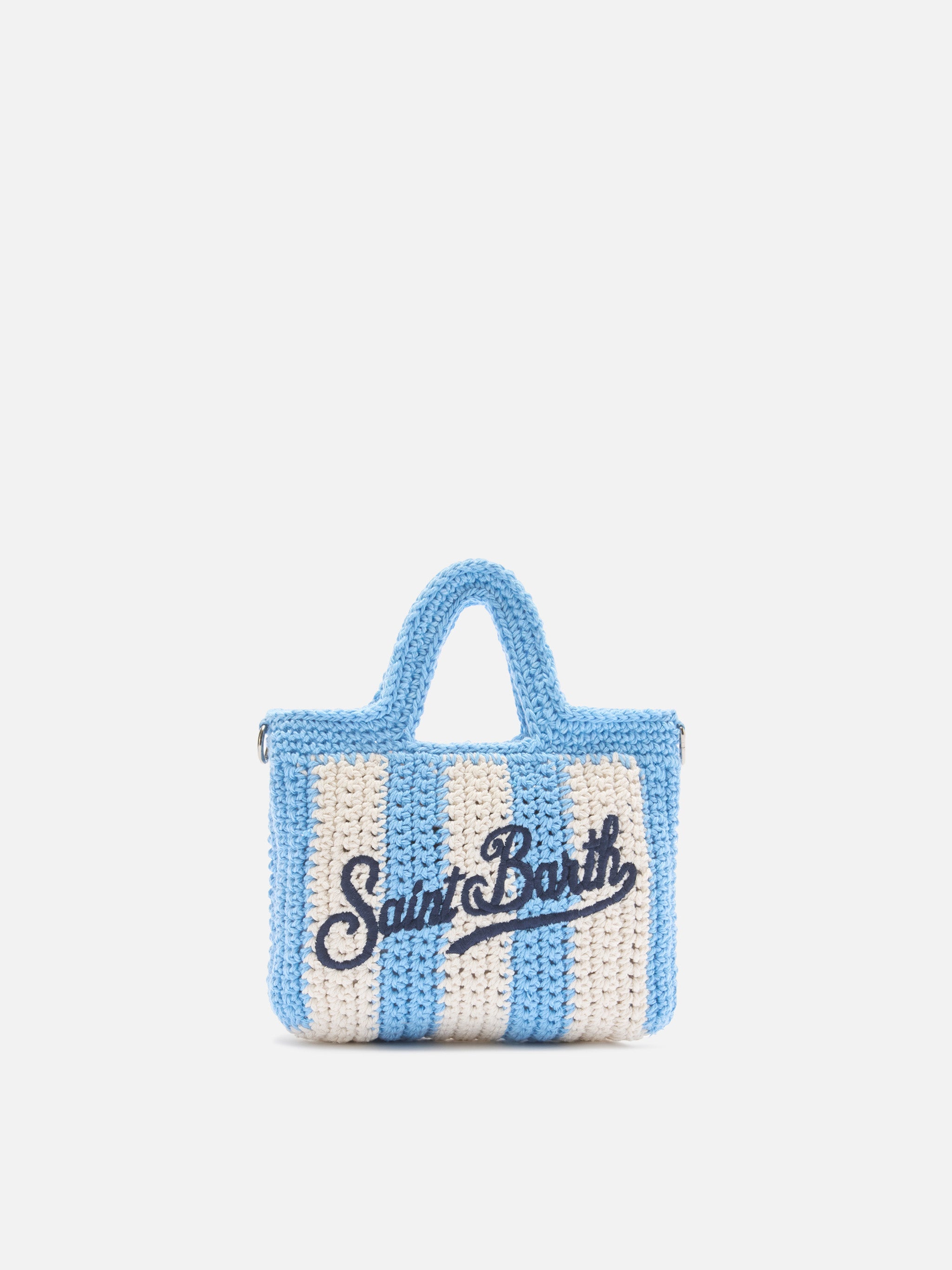 Crochet Mini Bag With Light Blue Striped Pattern And Embroidered Logo