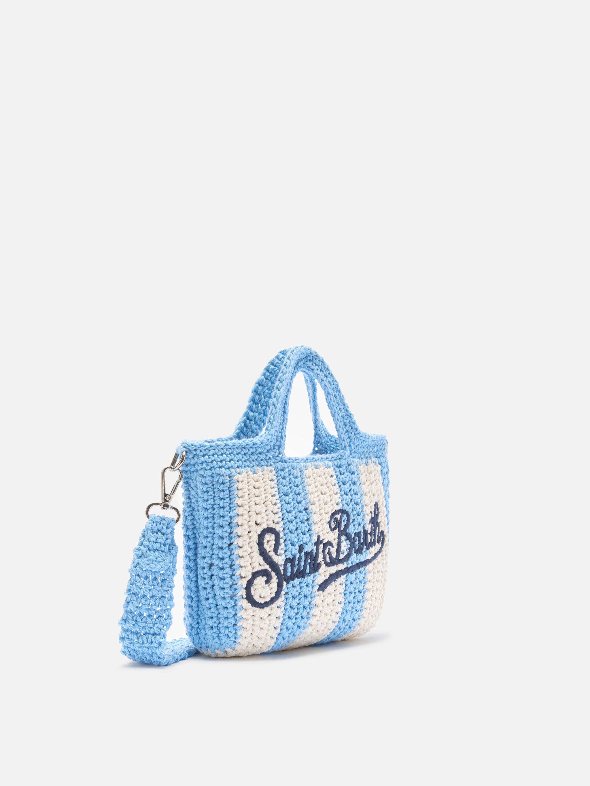 Crochet Mini Bag With Light Blue Striped Pattern And Embroidered Logo