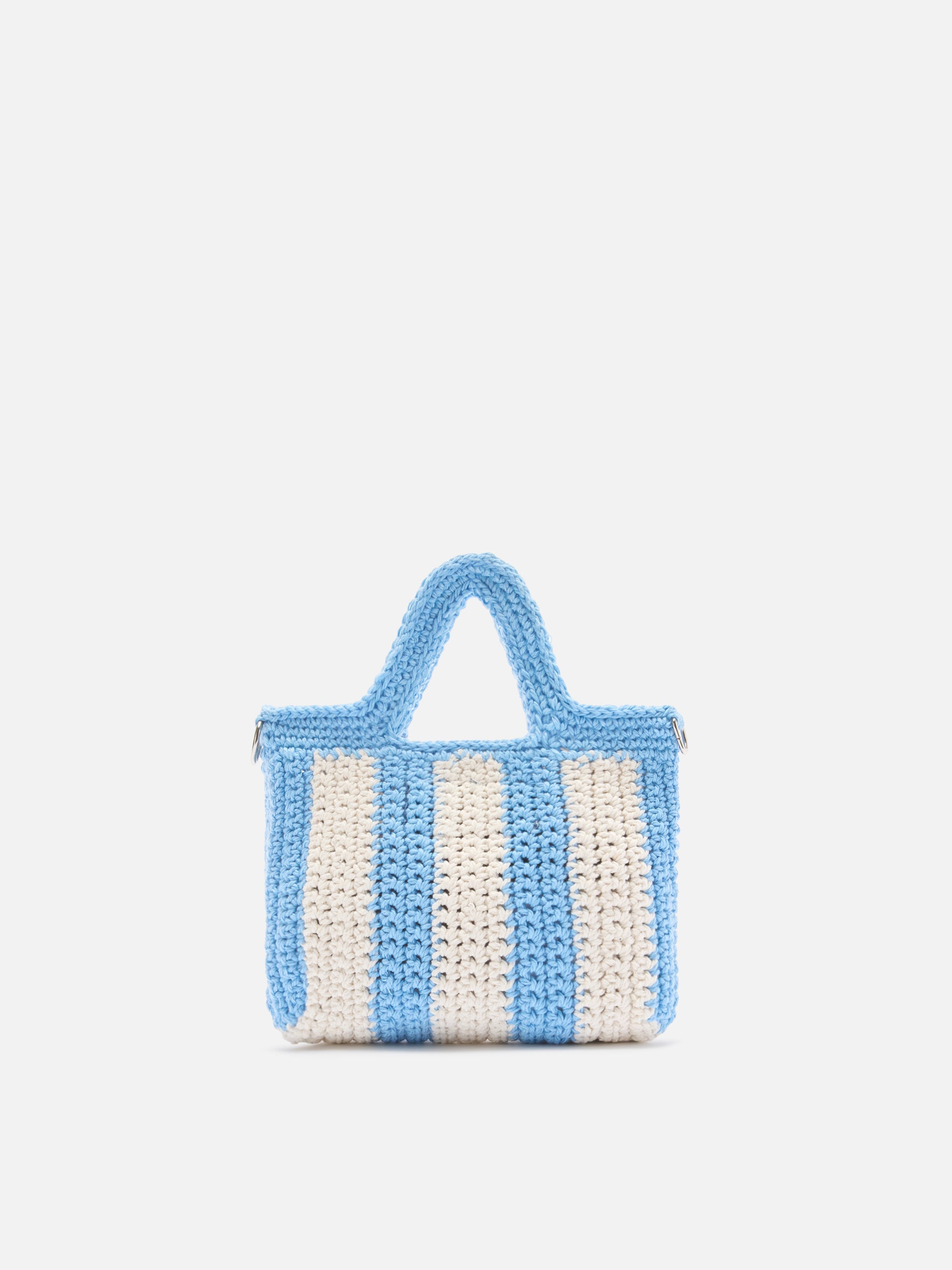 Crochet Mini Bag With Light Blue Striped Pattern And Embroidered Logo
